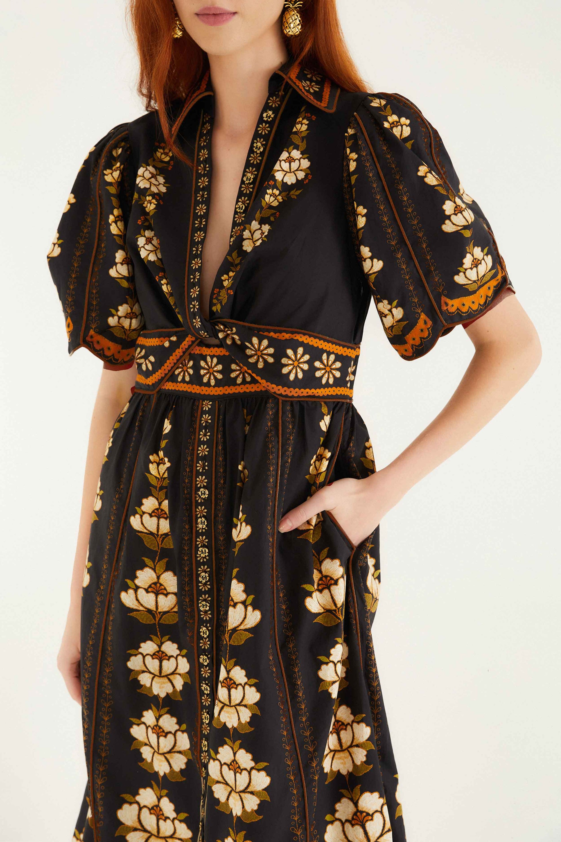Farm Rio Black Embroidered Flowers Organic Cotton Midi Dress
