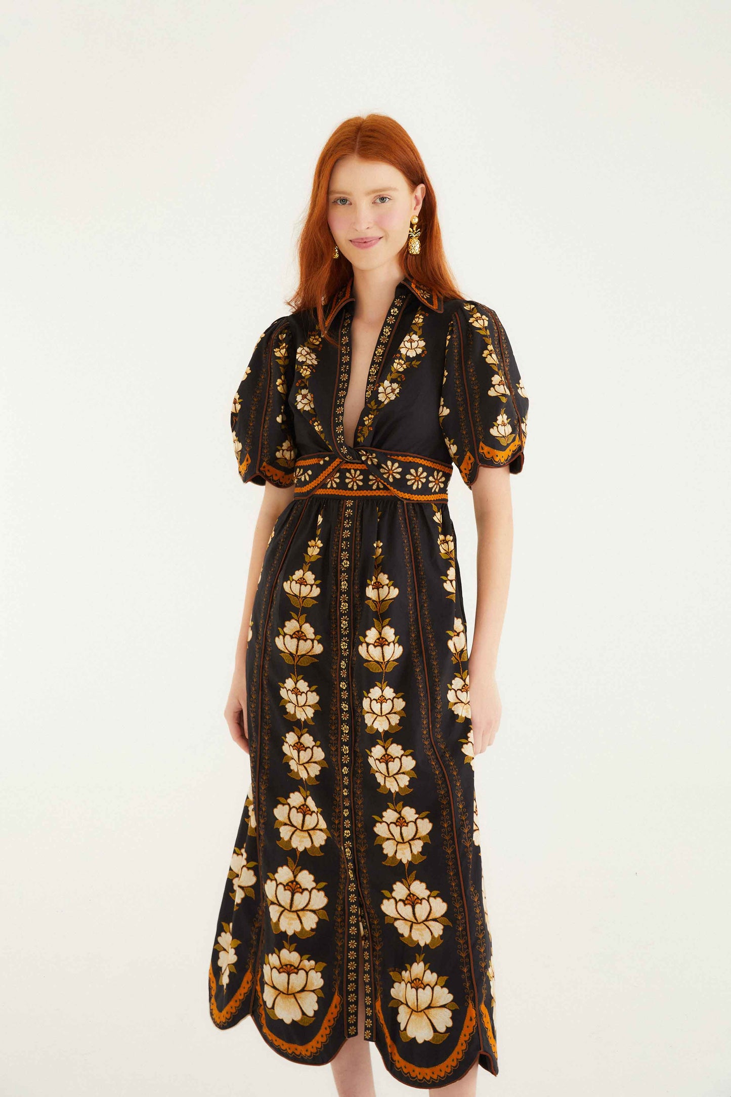 Farm Rio Black Embroidered Flowers Organic Cotton Midi Dress