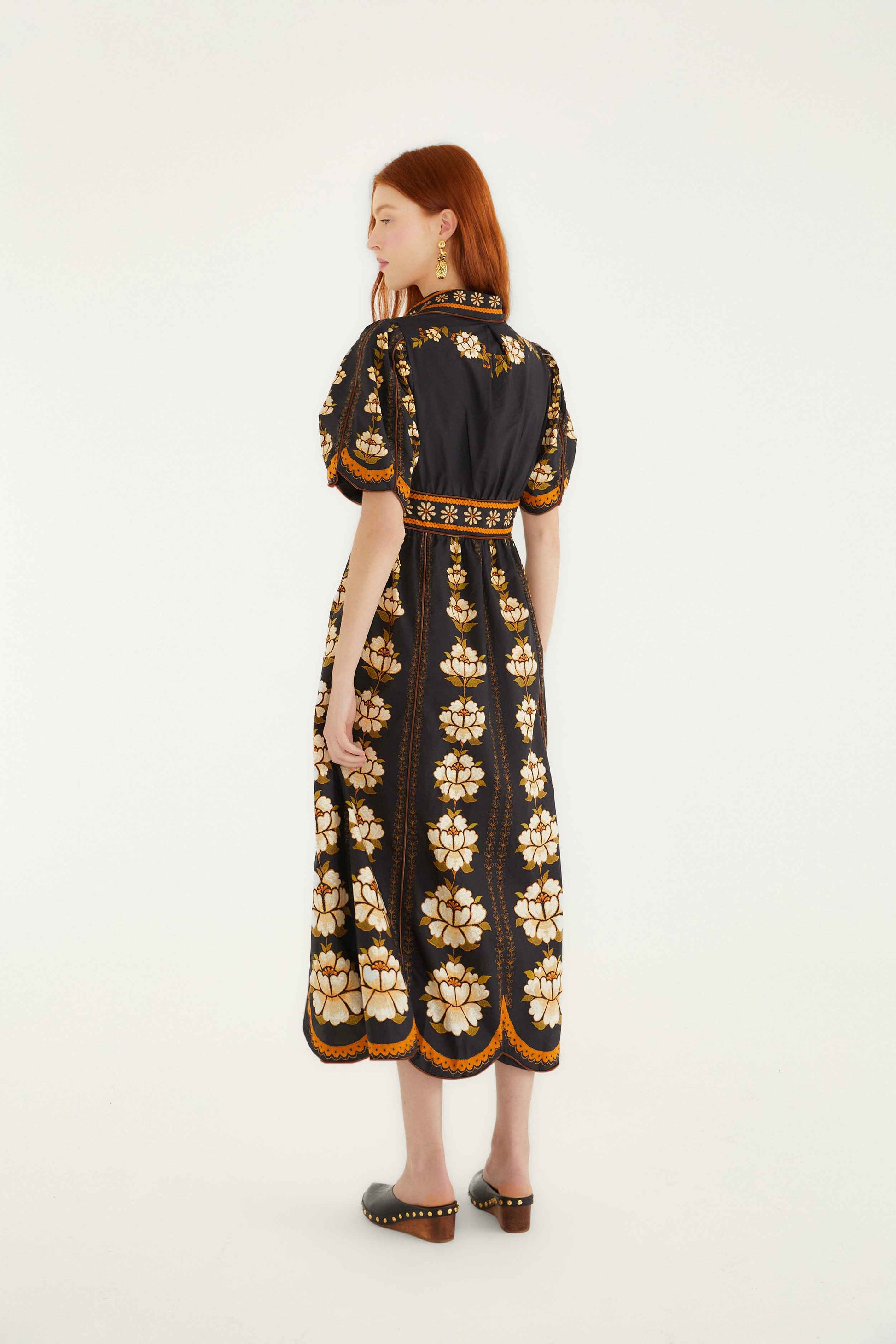 Farm Rio Black Embroidered Flowers Organic Cotton Midi Dress