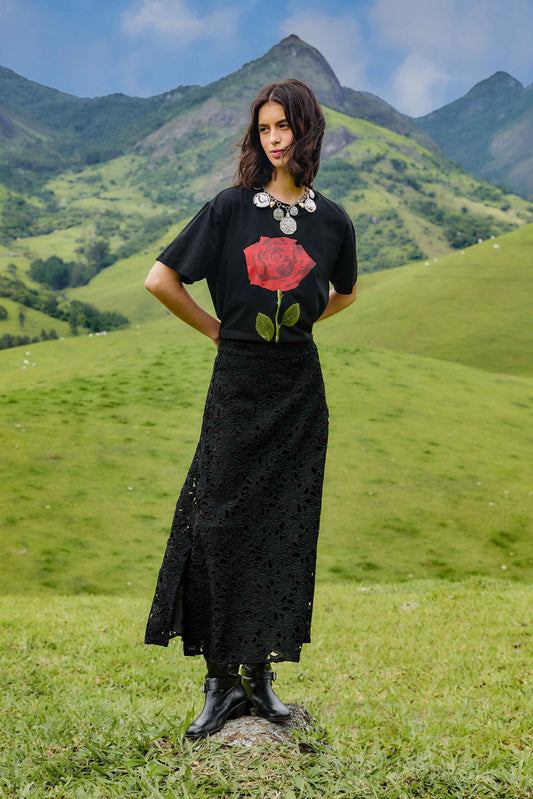 Farm Rio Black Flowered Lace Midi Skirt