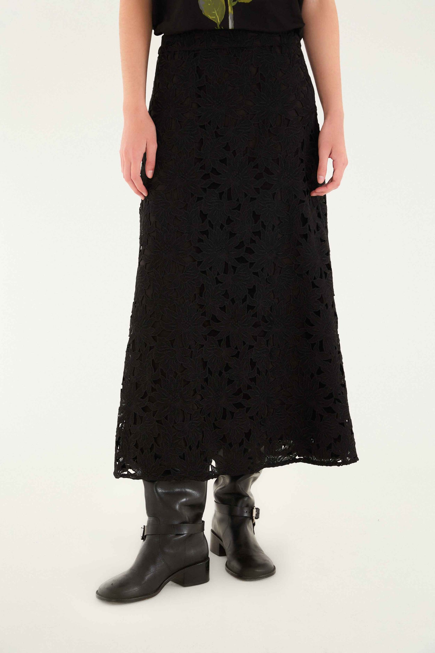 Farm Rio Black Flowered Lace Midi Skirt