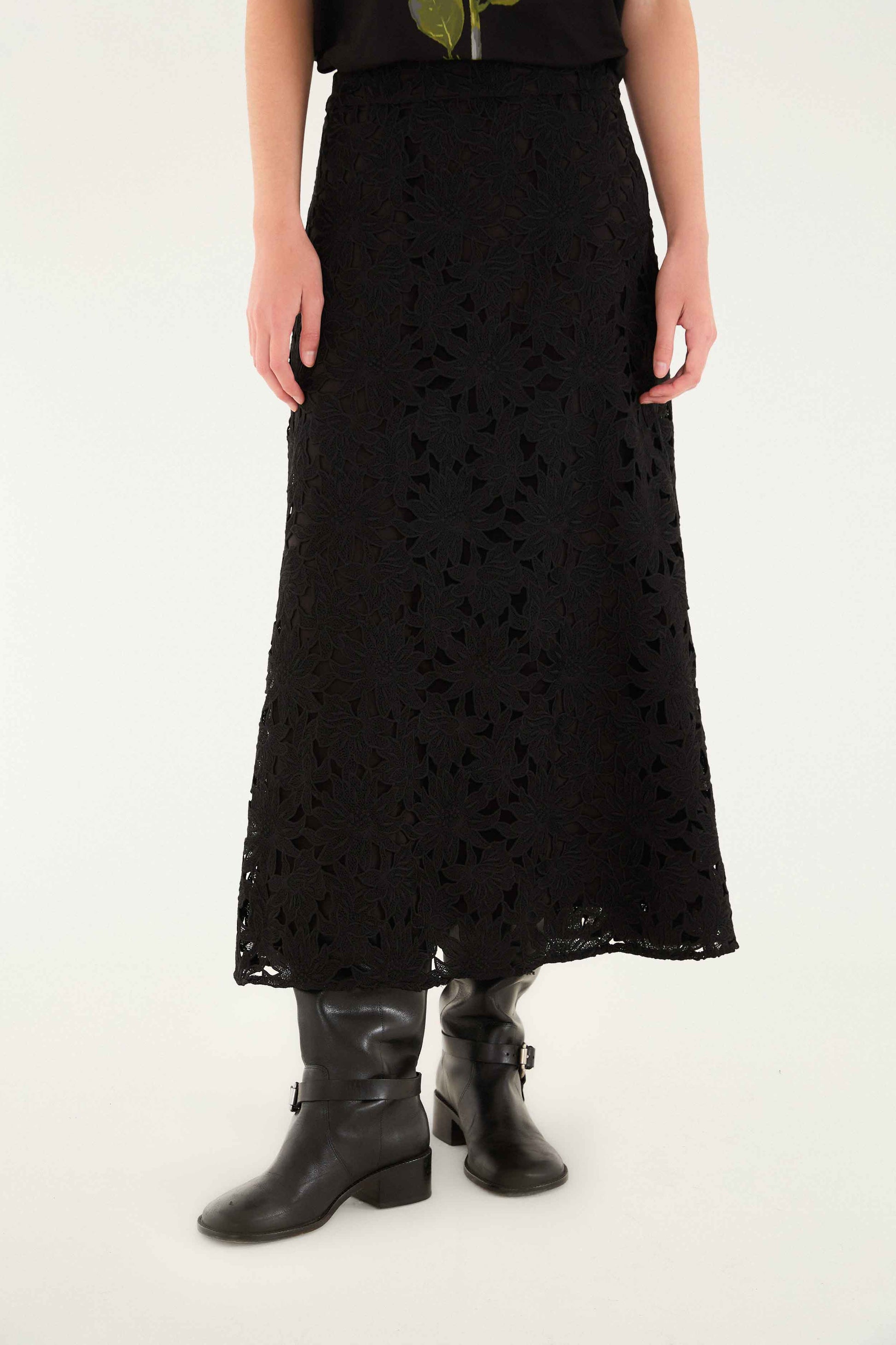Farm Rio Black Flowered Lace Midi Skirt
