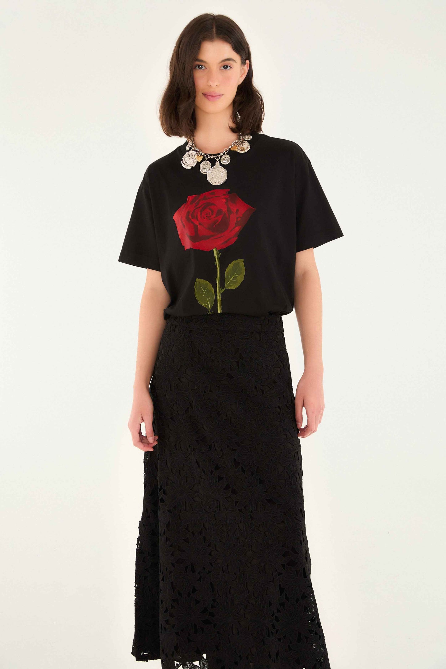 Farm Rio Black Flowered Lace Midi Skirt