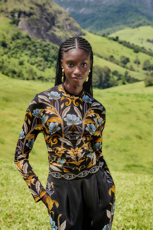 Farm Rio Black Flowerful Garden Jersey Blouse
