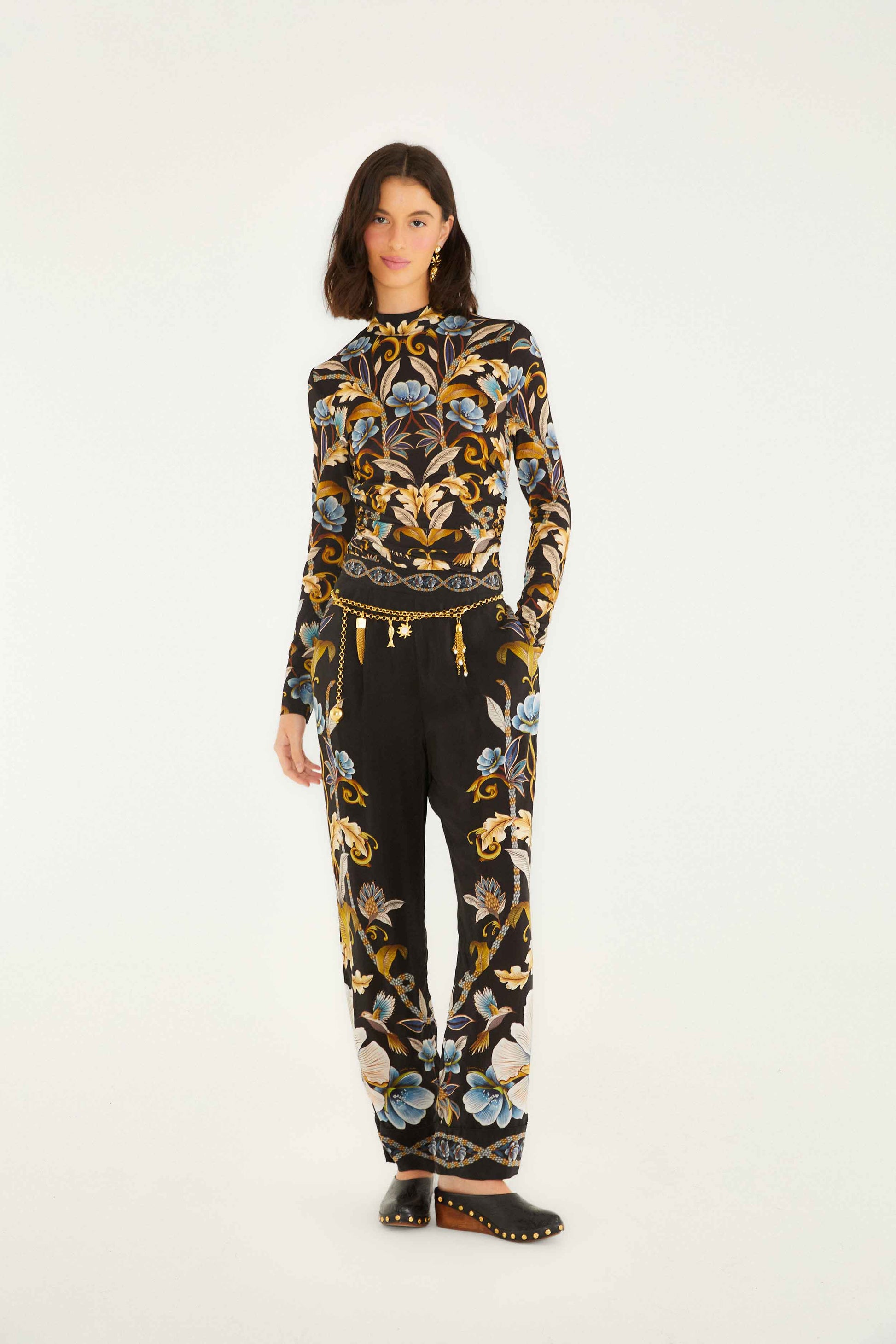 Farm Rio Black Flowerful Garden Jersey Blouse