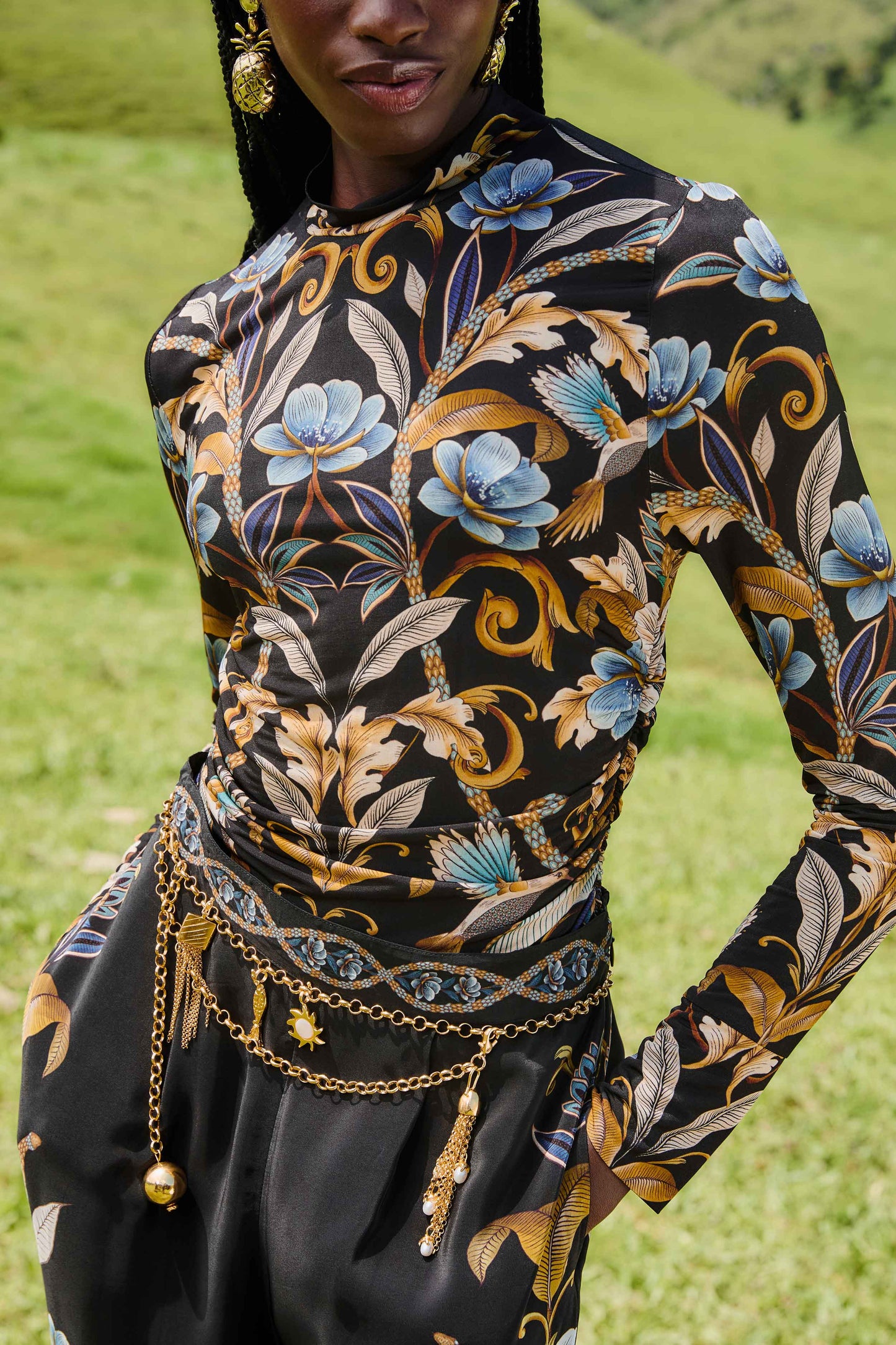 Farm Rio Black Flowerful Garden Jersey Blouse