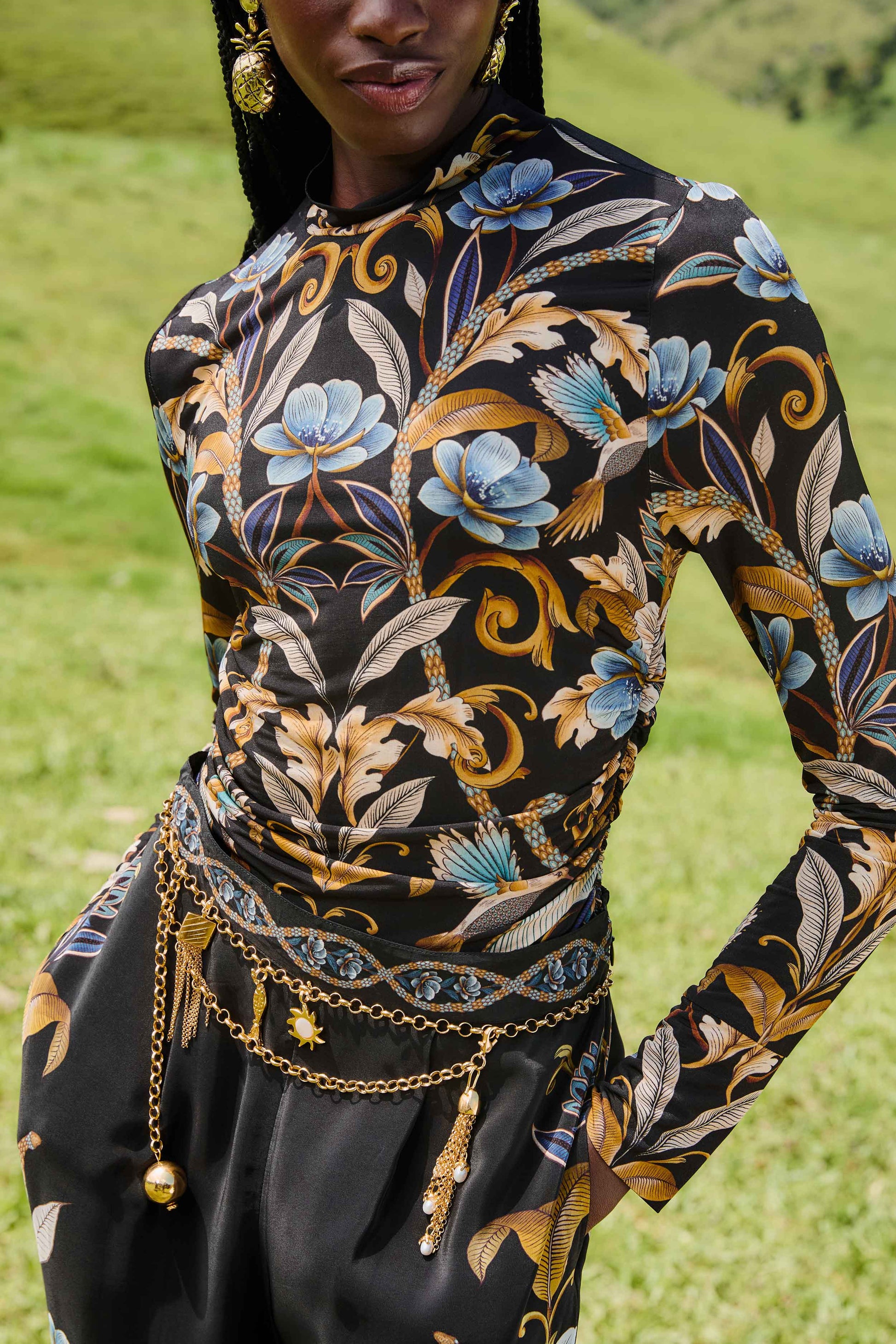 Farm Rio Black Flowerful Garden Jersey Blouse