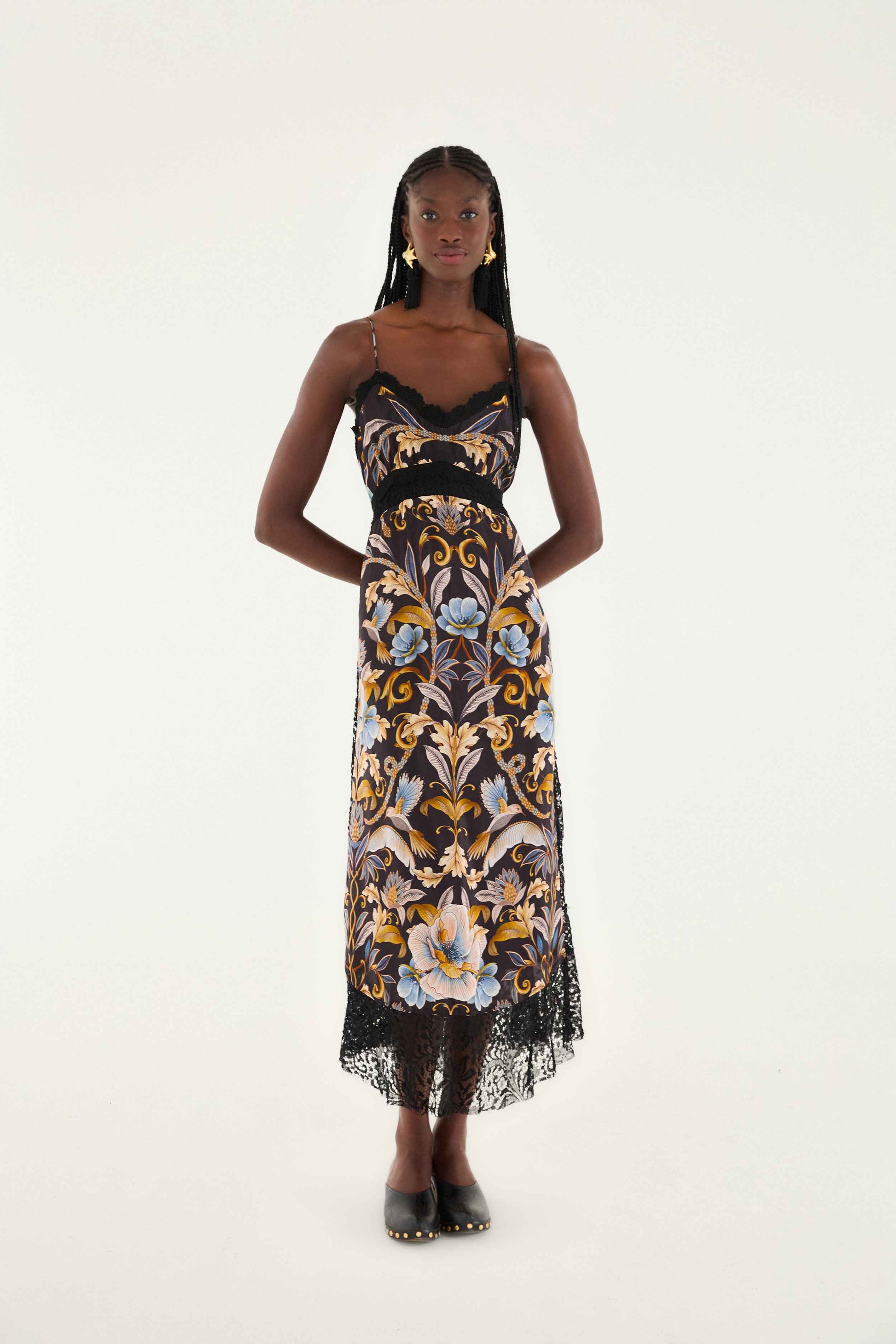 Farm Rio Black Flowerful Garden Midi Dress