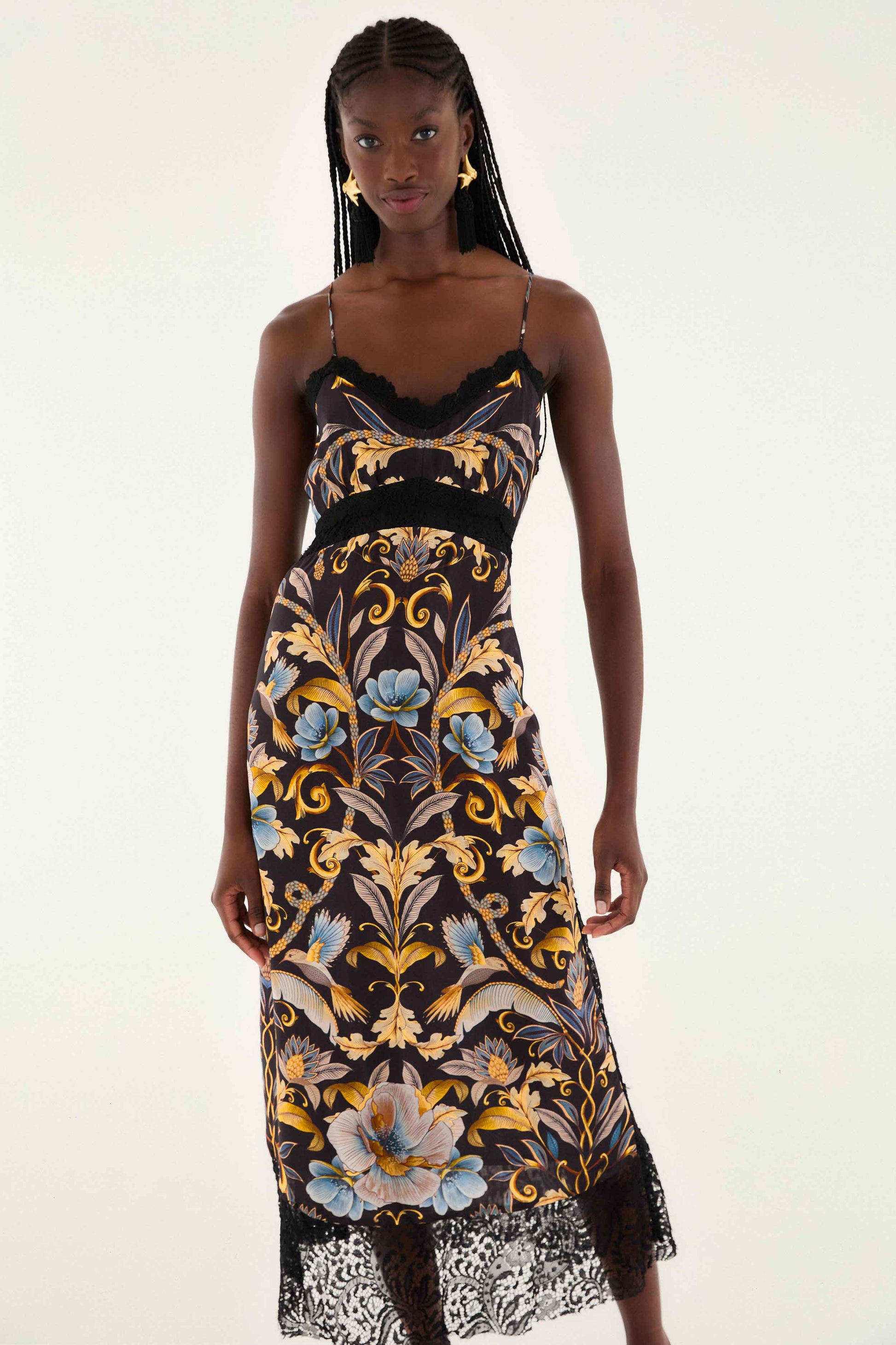 Farm Rio Black Flowerful Garden Midi Dress
