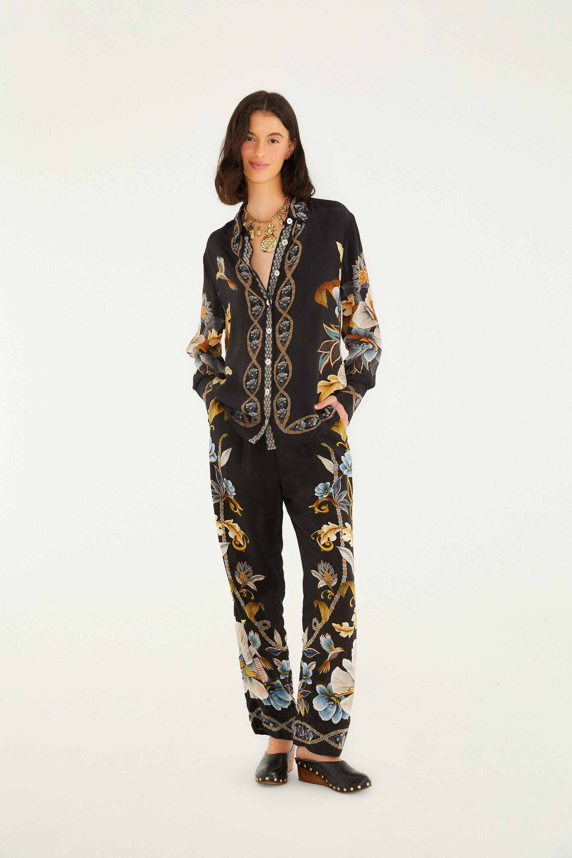 Farm Rio Black Flowerful Garden Pajama Pants