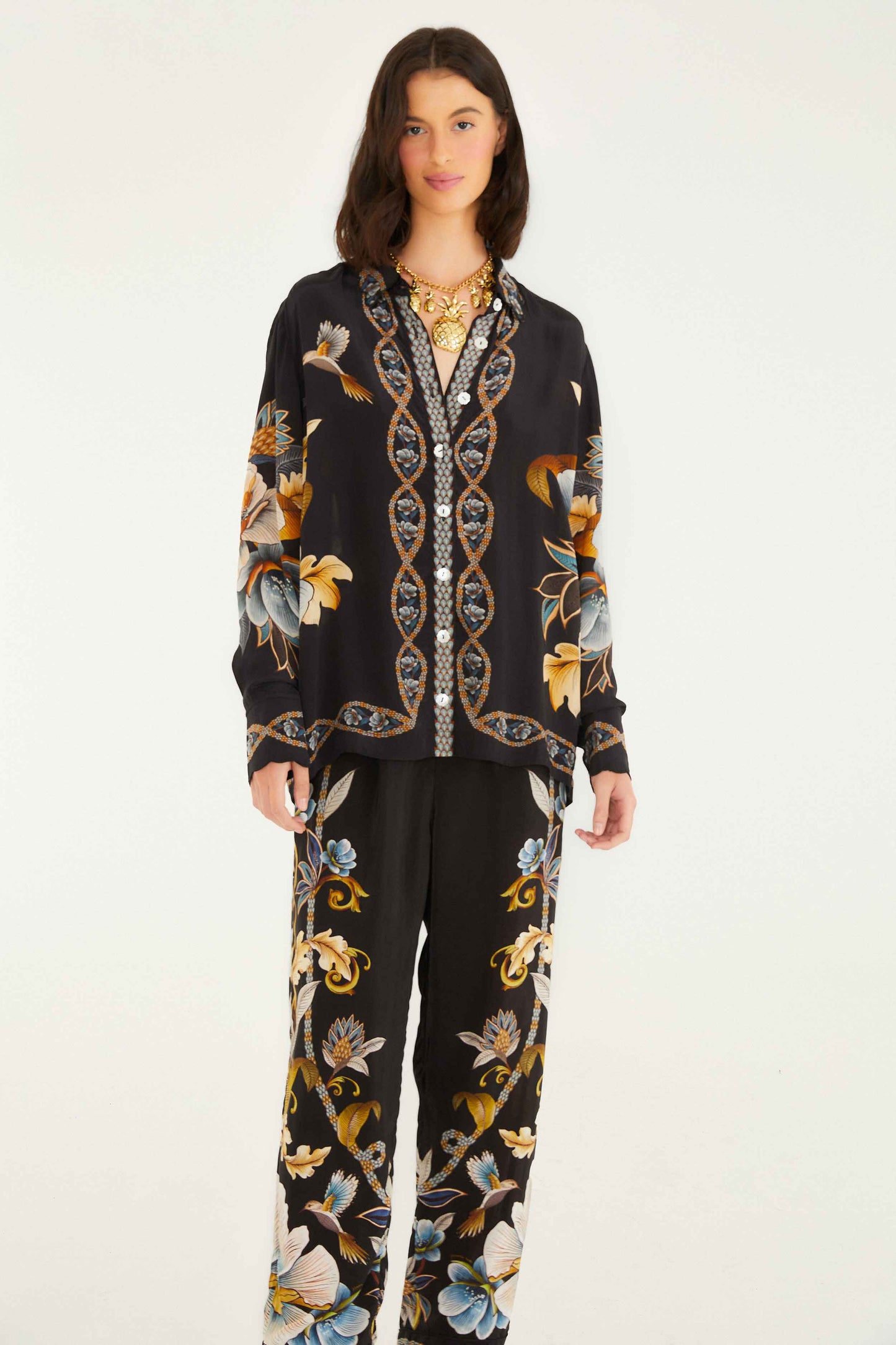 Farm Rio Black Flowerful Garden Pajama Pants
