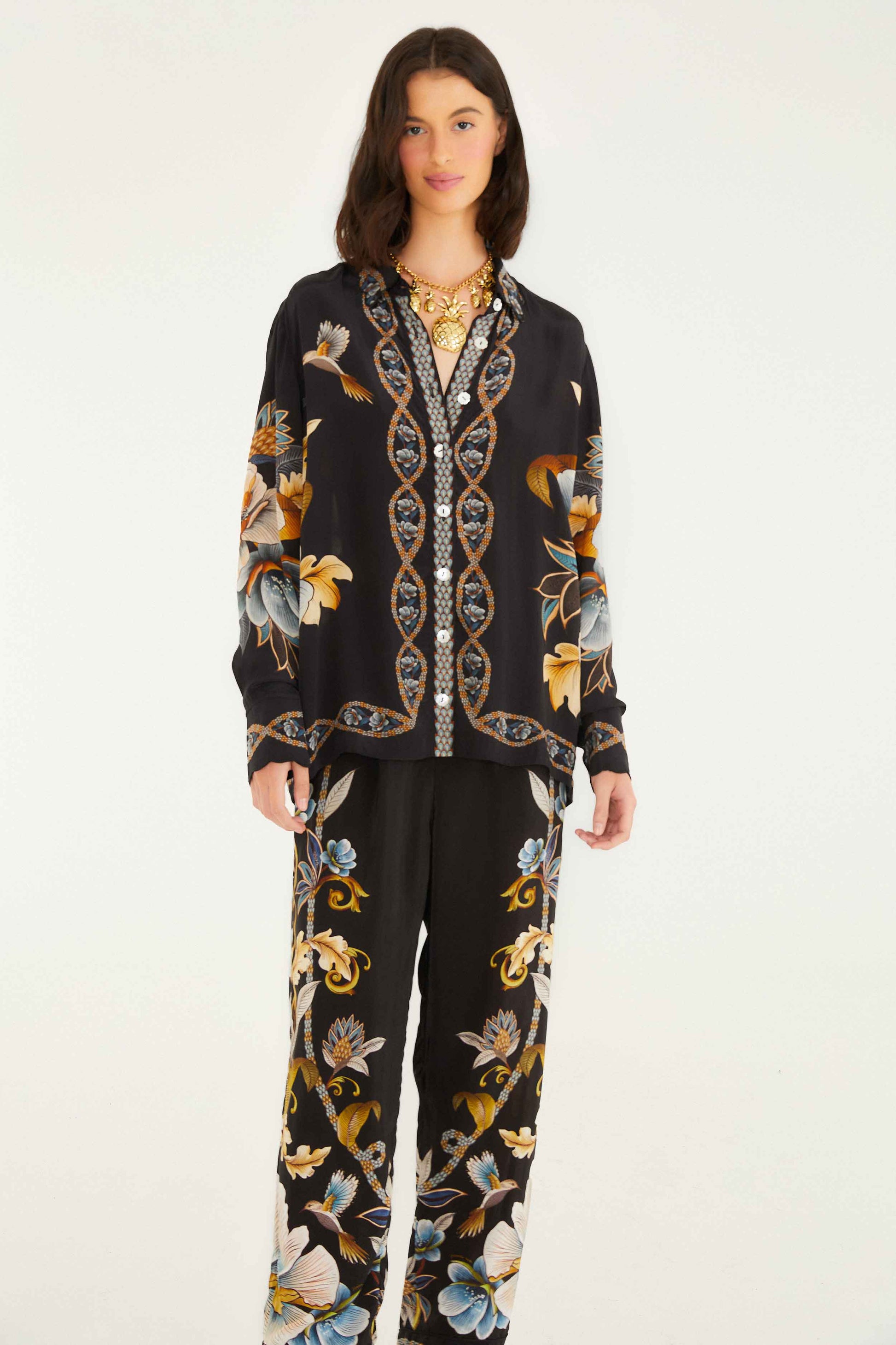 Farm Rio Black Flowerful Garden Pajama Pants