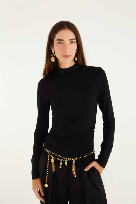 Farm Rio Black Jersey Long Sleeve Blouse