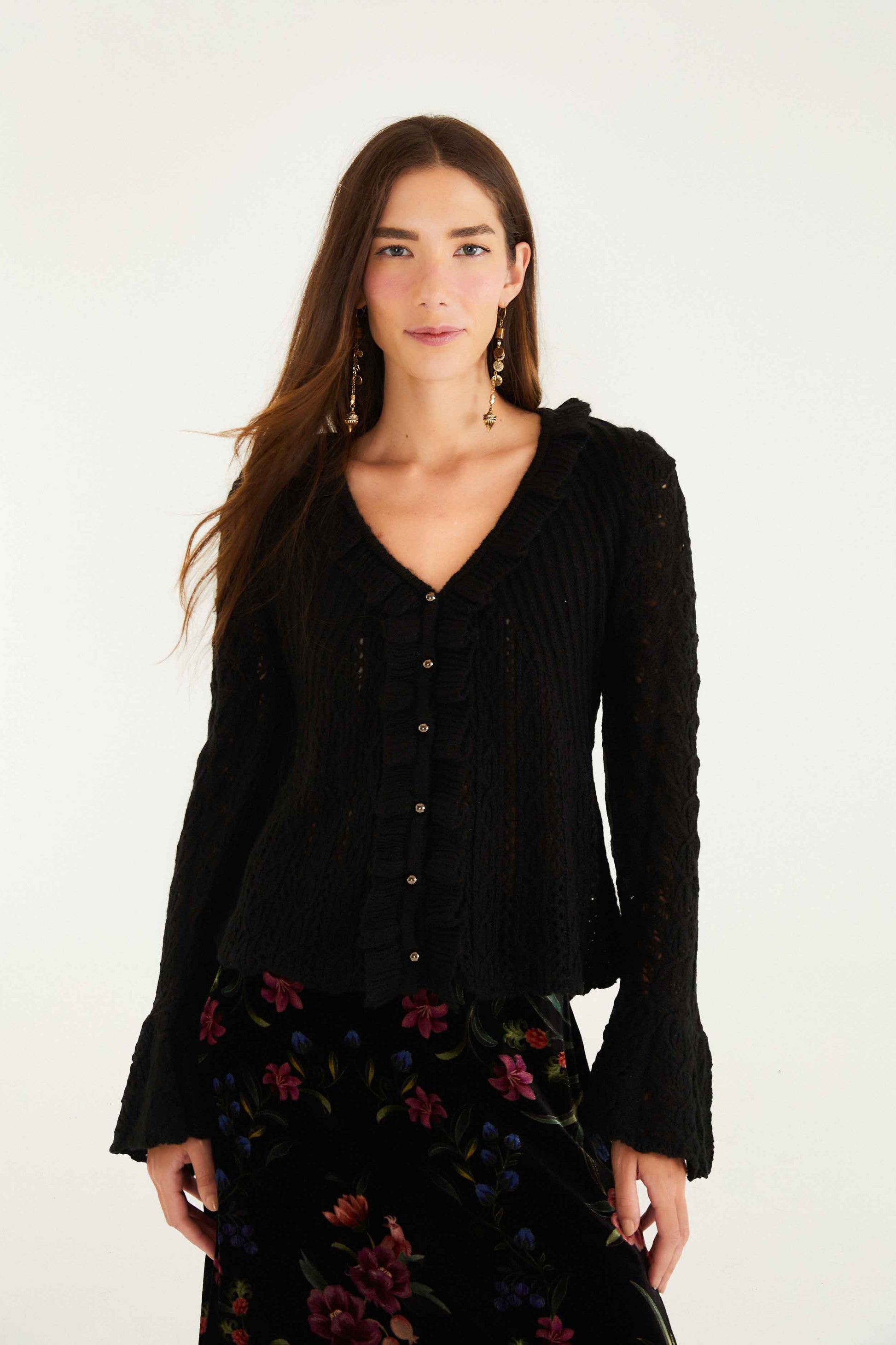 Farm Rio Black Lace Ruffled Knit Cardigan