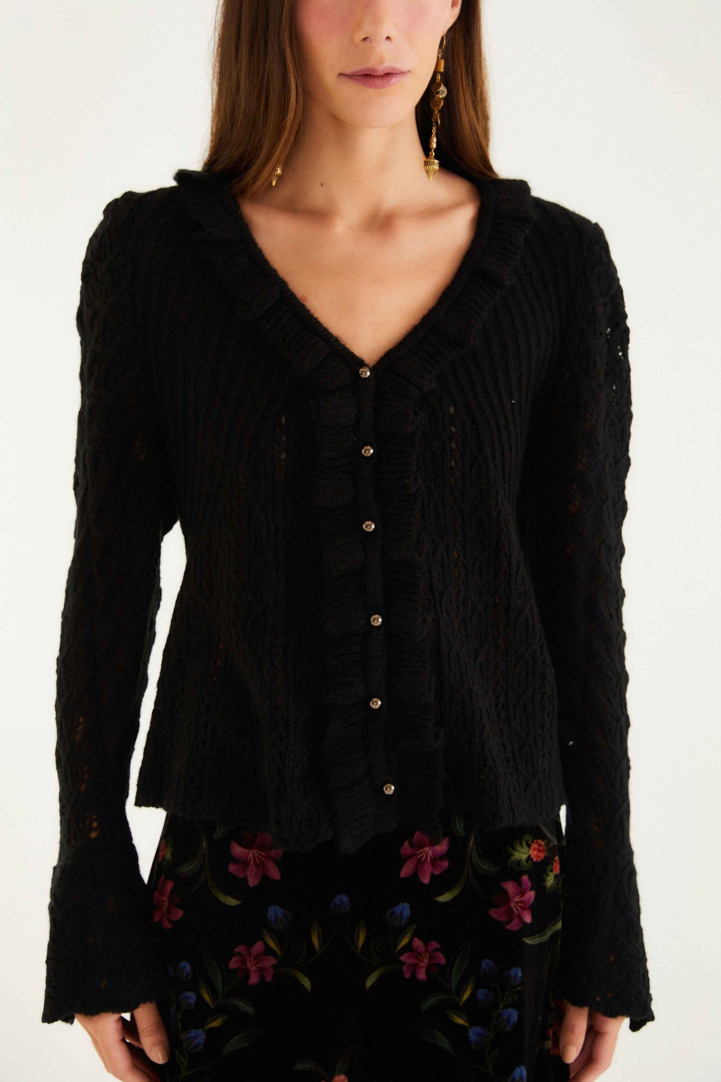 Farm Rio Black Lace Ruffled Knit Cardigan