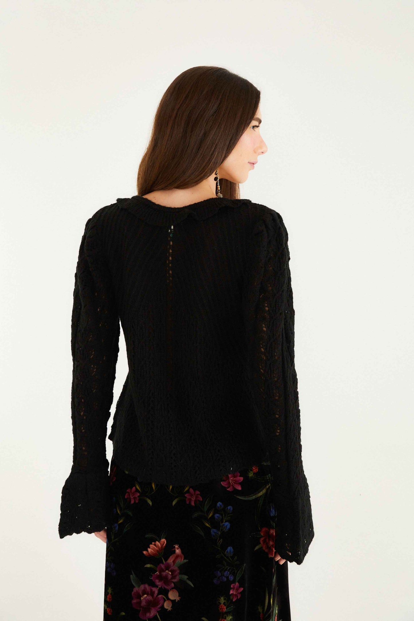 Farm Rio Black Lace Ruffled Knit Cardigan