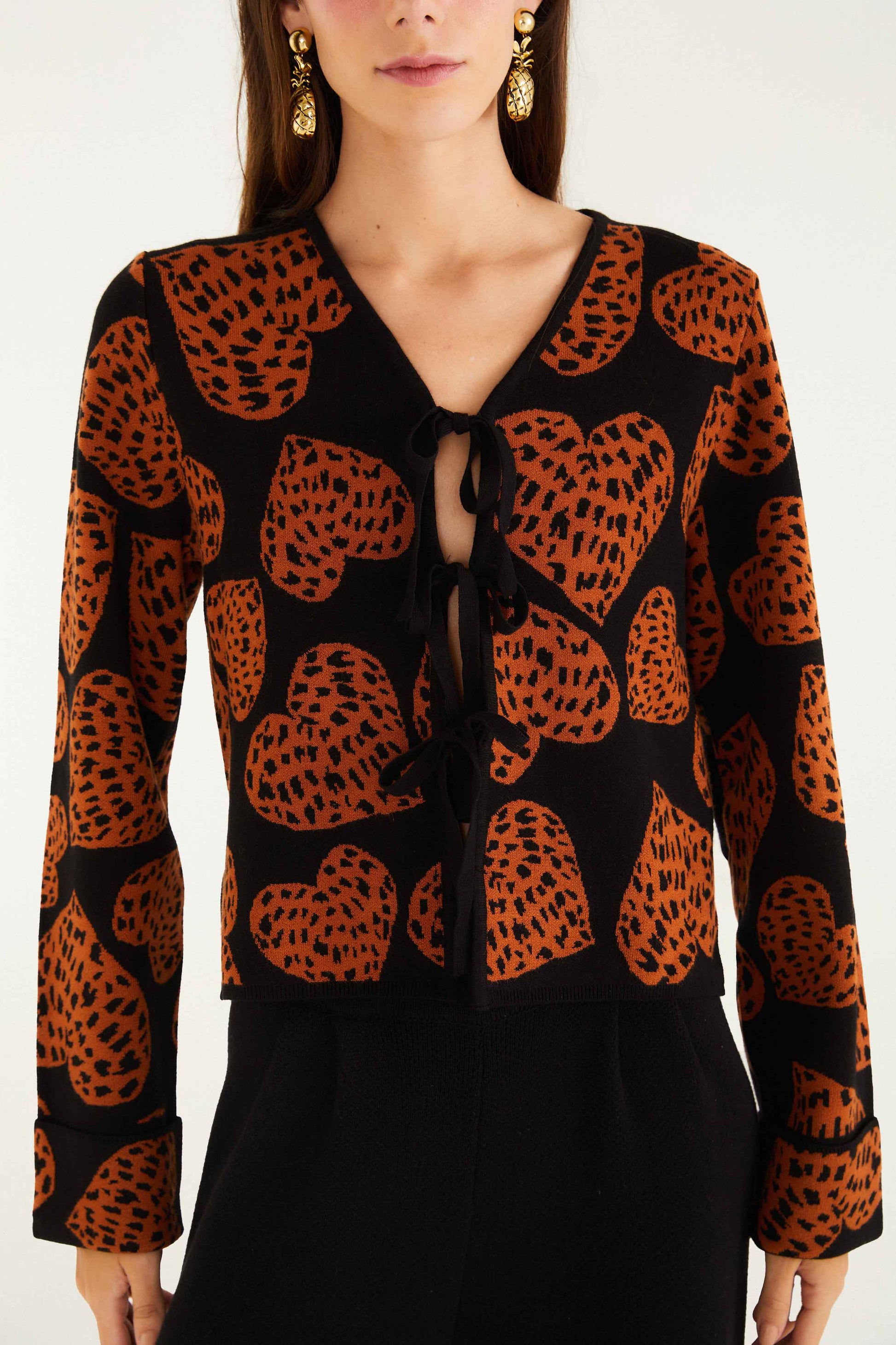 Farm Rio Black Leopard Hearts Front Ties Knit Cardigan