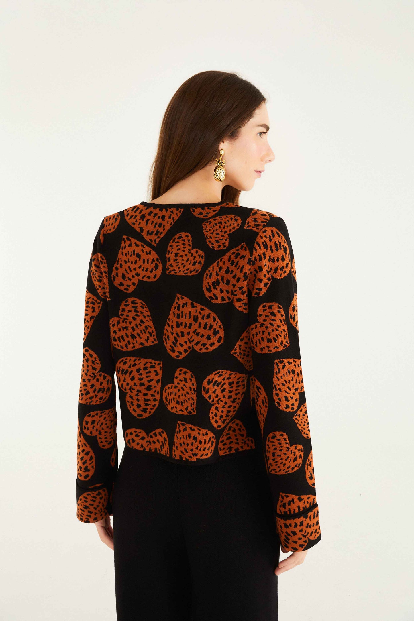 Farm Rio Black Leopard Hearts Front Ties Knit Cardigan
