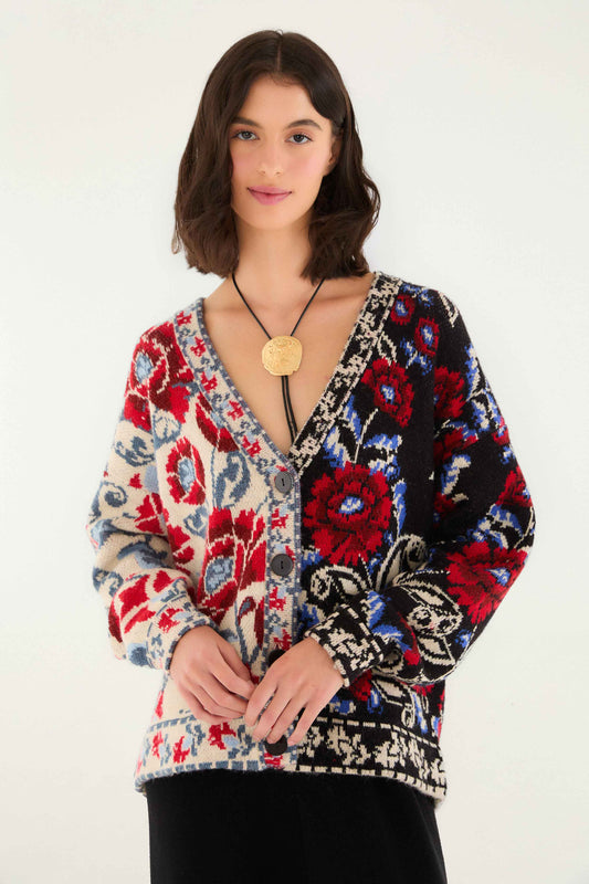 Farm Rio Black Mixed Valentina V Neck Knit Cardigan