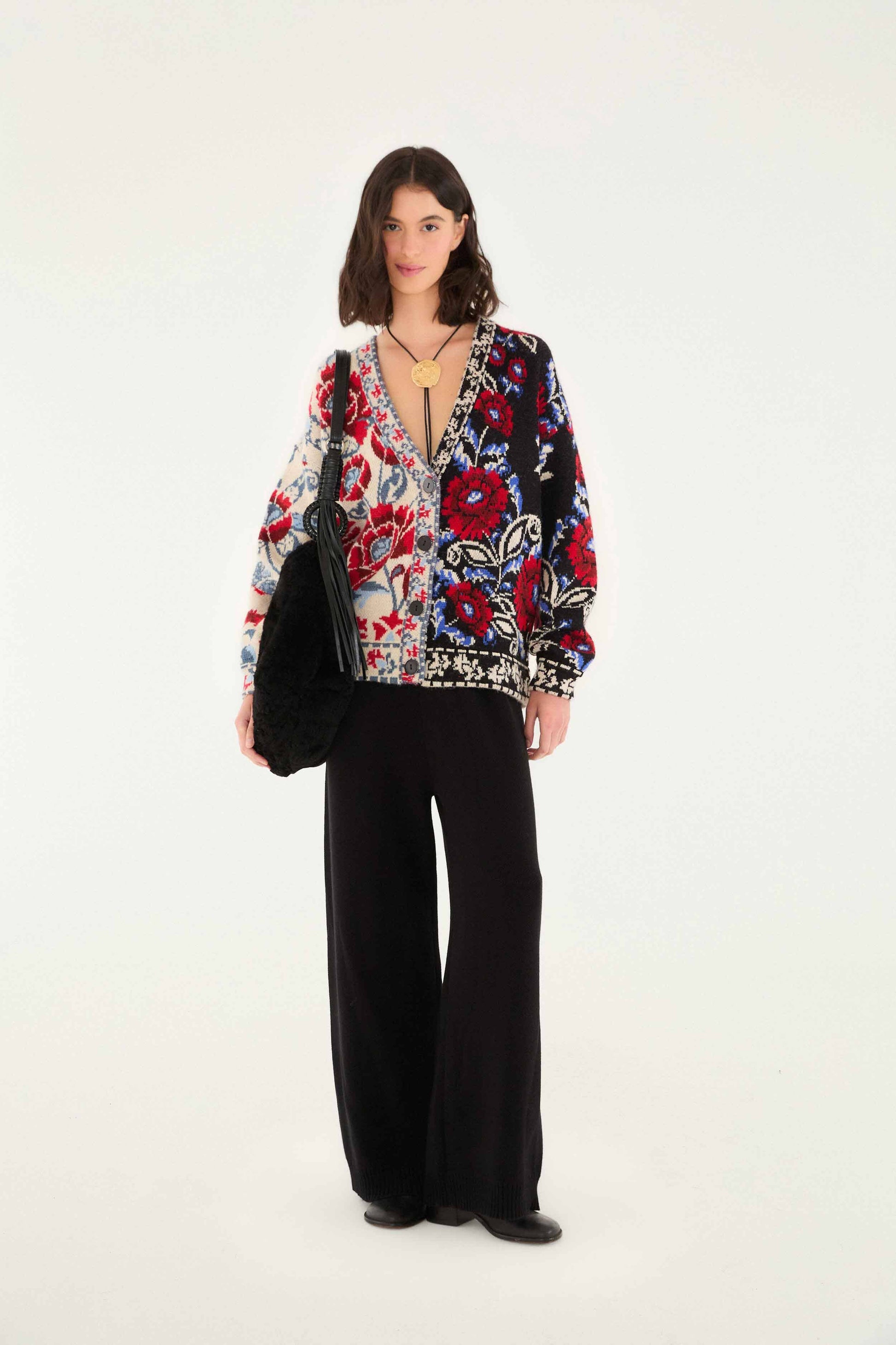 Farm Rio Black Mixed Valentina V Neck Knit Cardigan