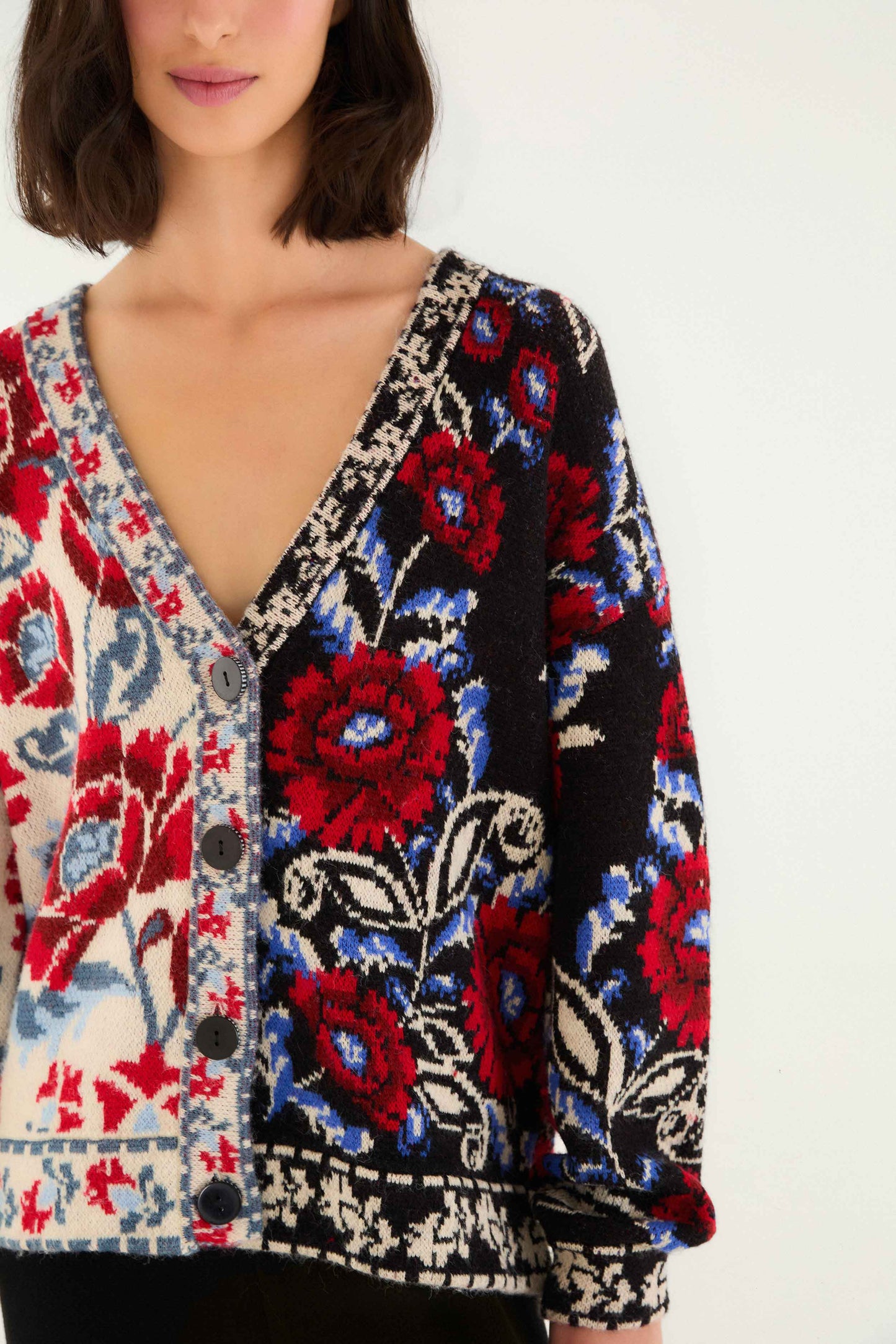Farm Rio Black Mixed Valentina V Neck Knit Cardigan