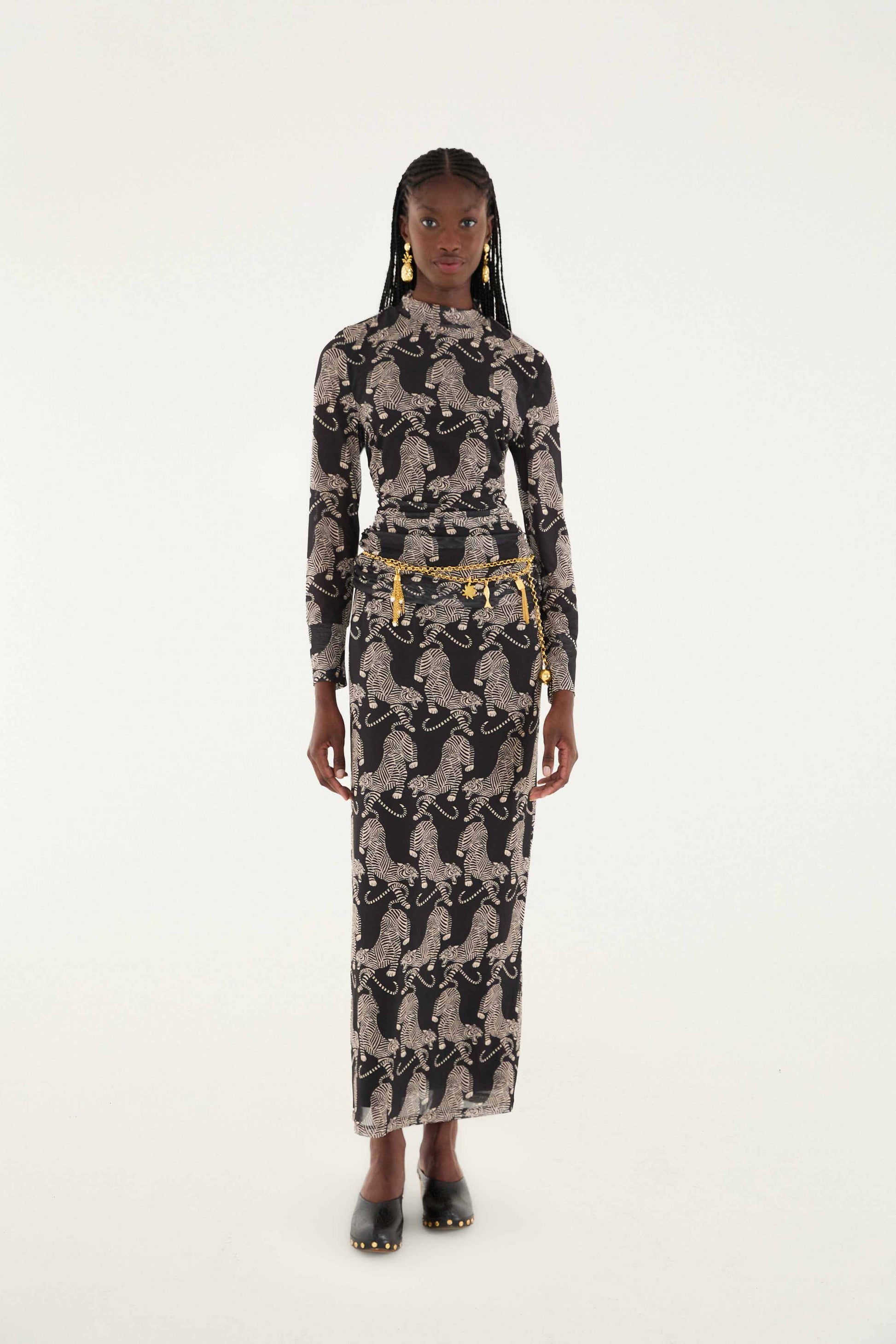 Farm Rio Black Striped Tigers Tulle Maxi Skirt