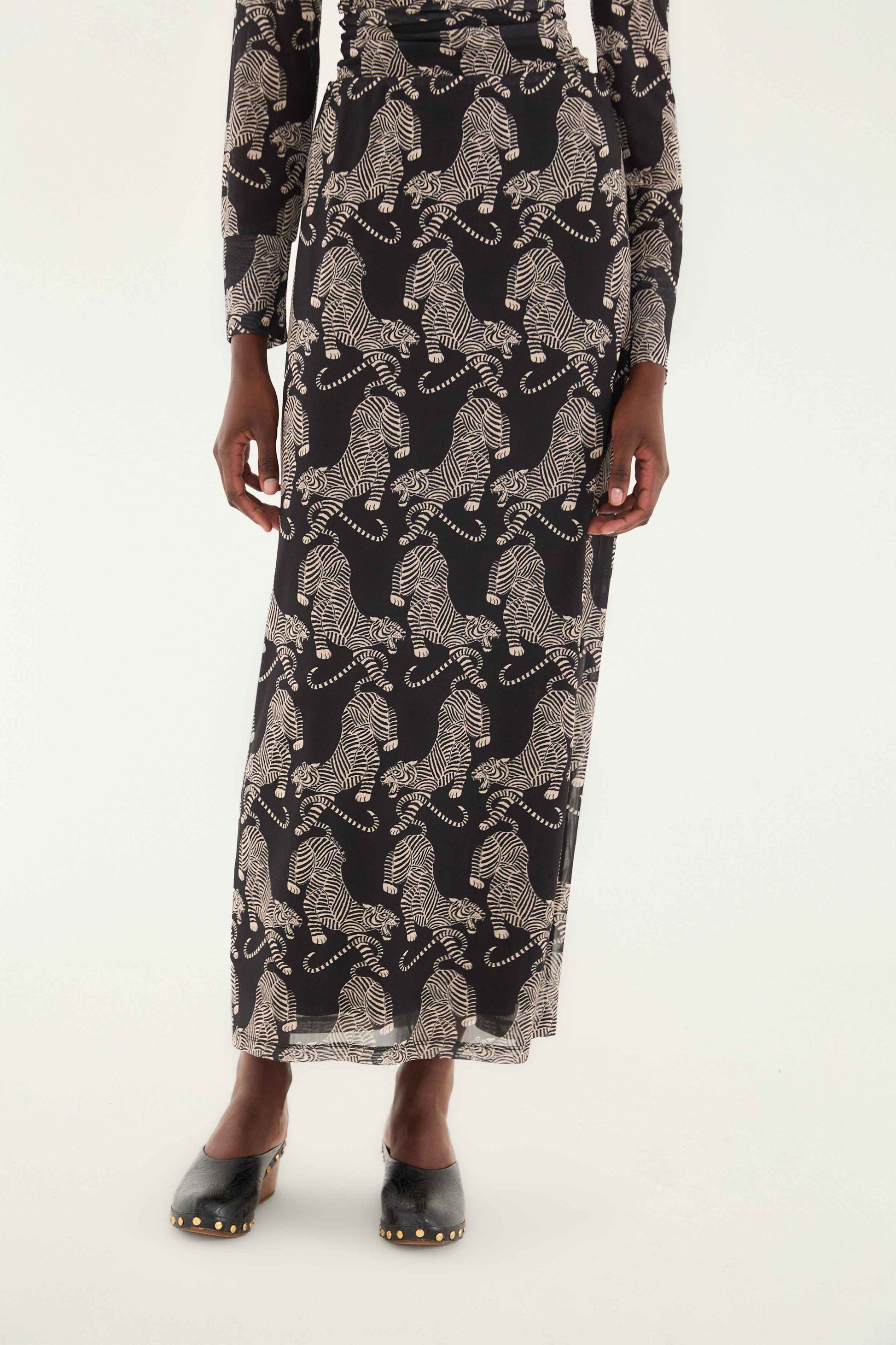 Farm Rio Black Striped Tigers Tulle Maxi Skirt