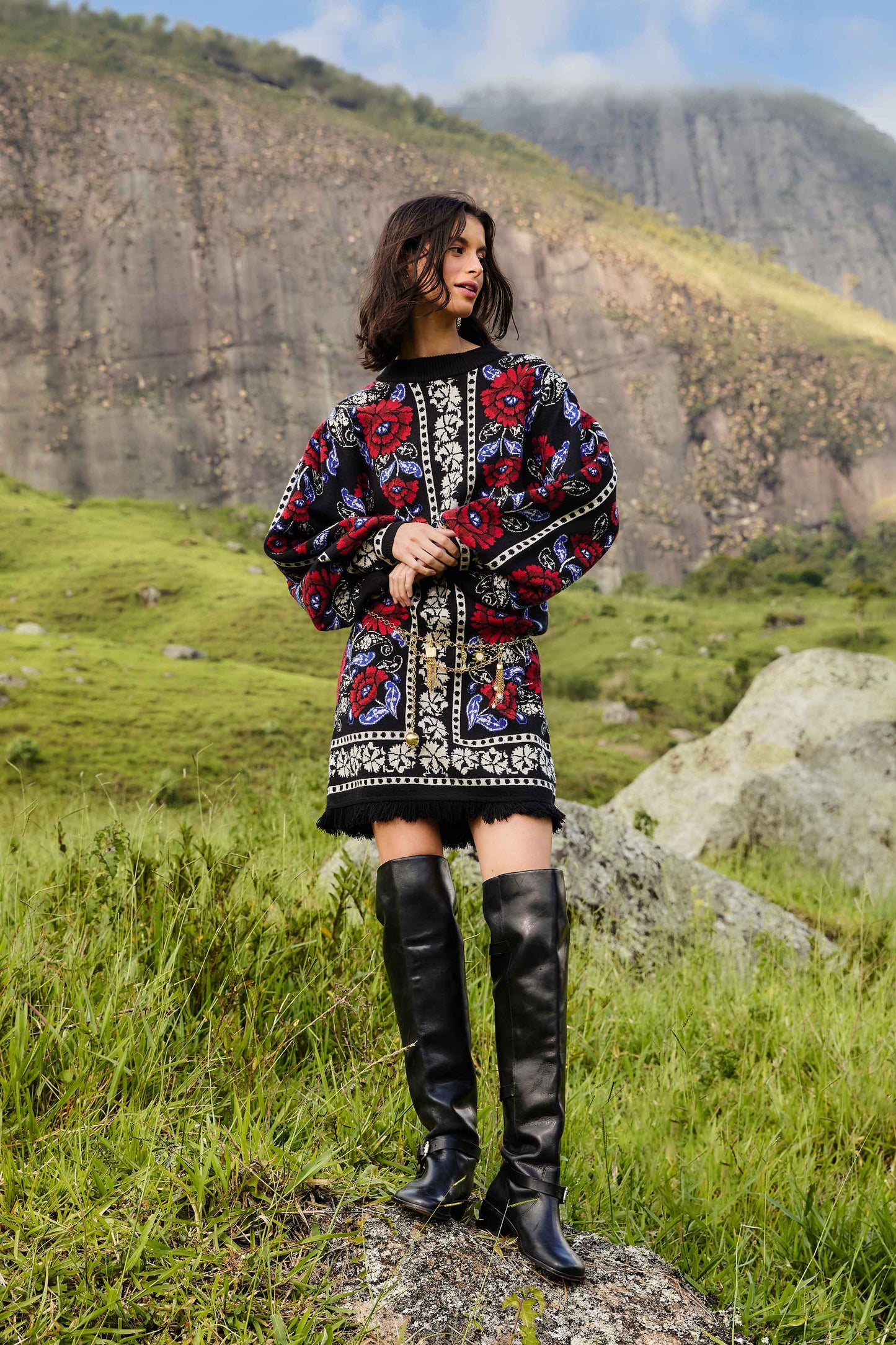 Farm Rio Black Valentina Puff Sleeve Knit Dress