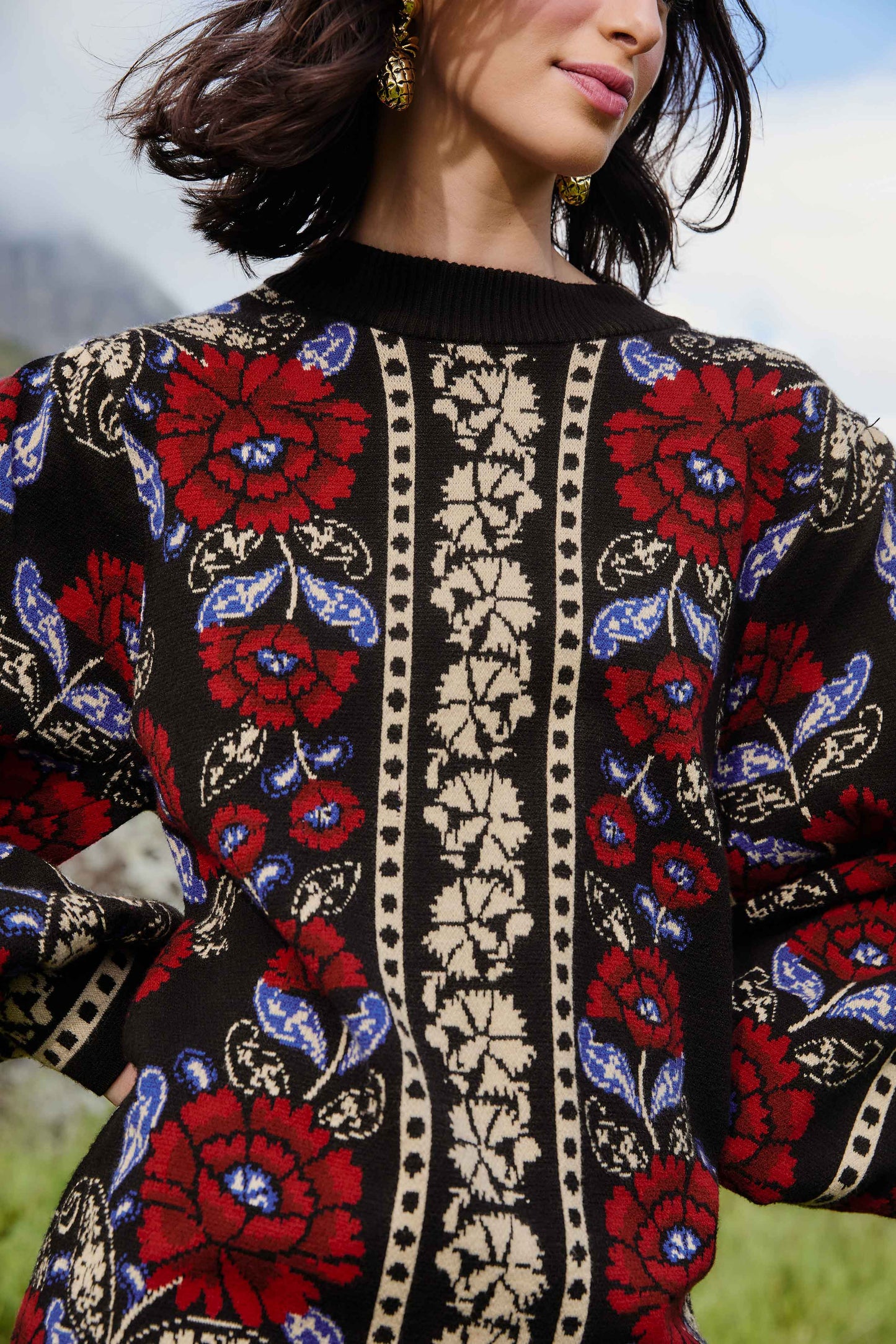Farm Rio Black Valentina Puff Sleeve Knit Dress