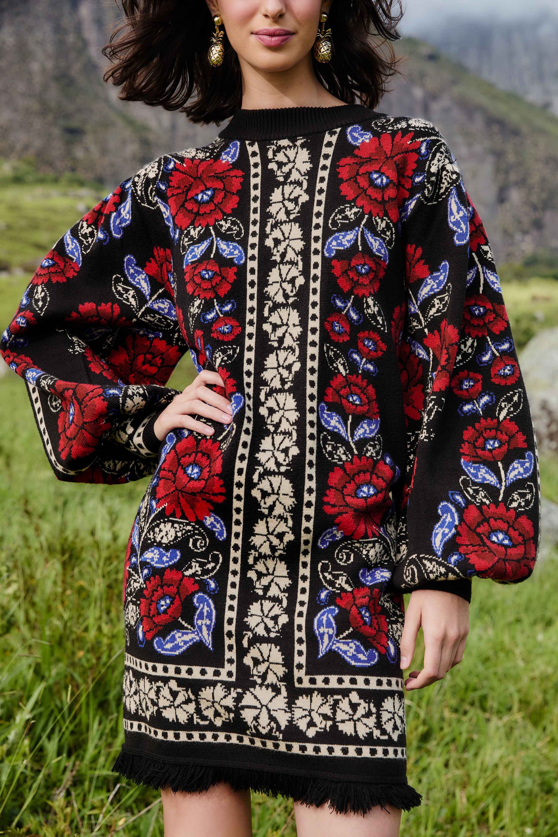 Farm Rio Black Valentina Puff Sleeve Knit Dress