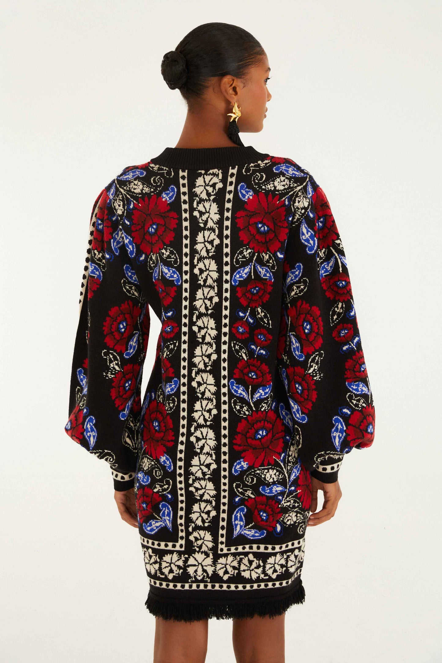 Farm Rio Black Valentina Puff Sleeve Knit Dress