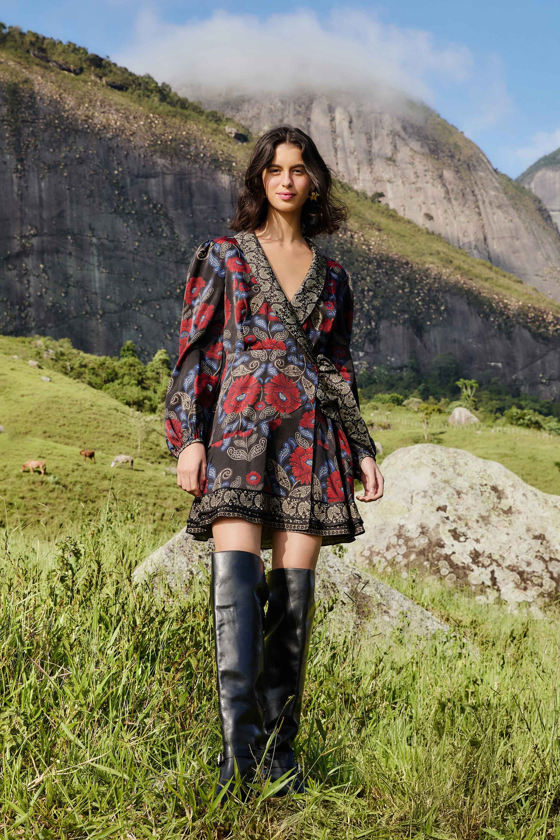 Farm Rio Black Valentina Wrap Lenzing™ Ecovero™ Viscose Mini Dress