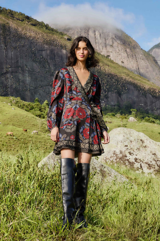 Farm Rio Black Valentina Wrap Lenzing™ Ecovero™ Viscose Mini Dress