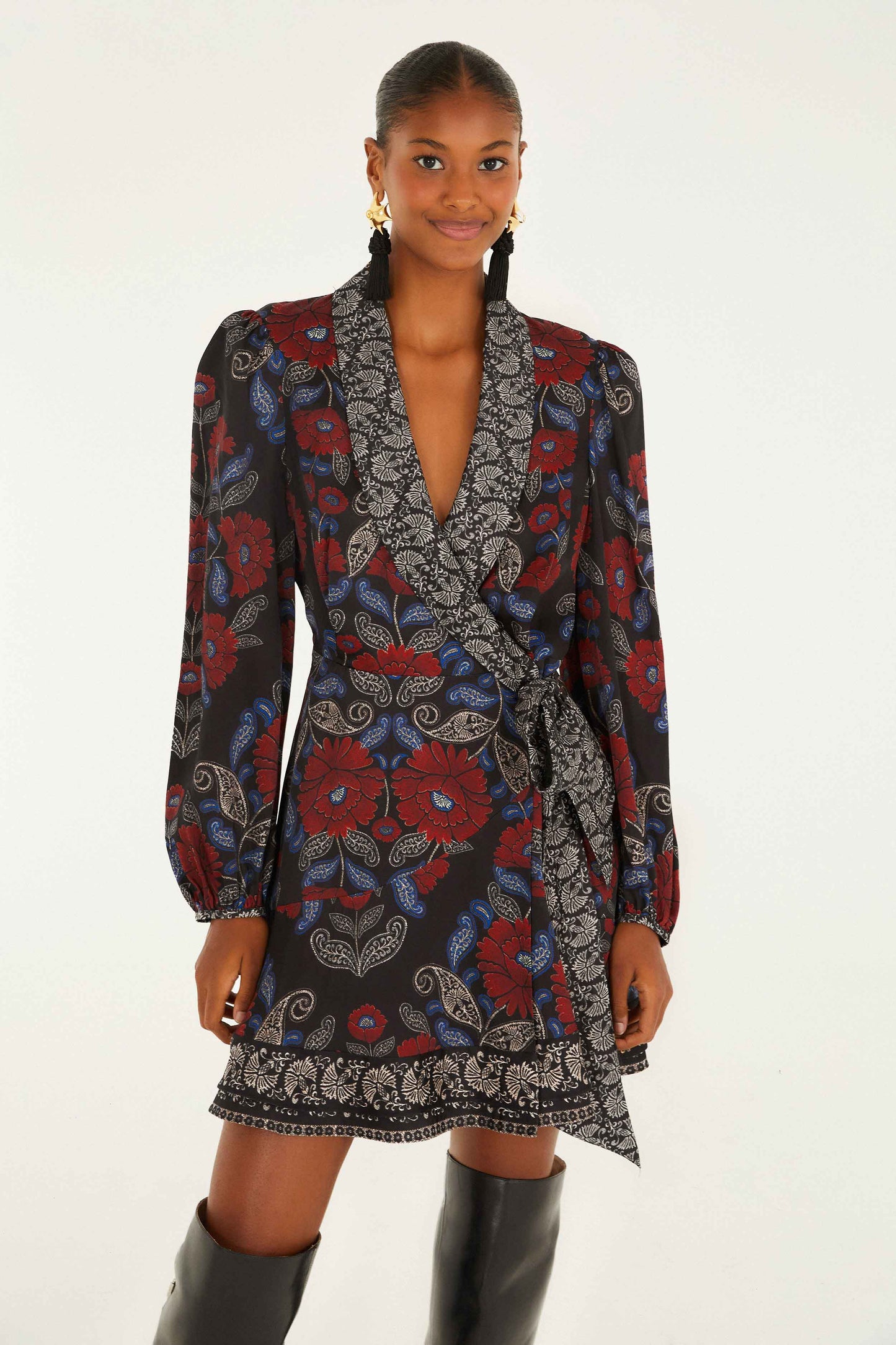 Farm Rio Black Valentina Wrap Lenzing™ Ecovero™ Viscose Mini Dress