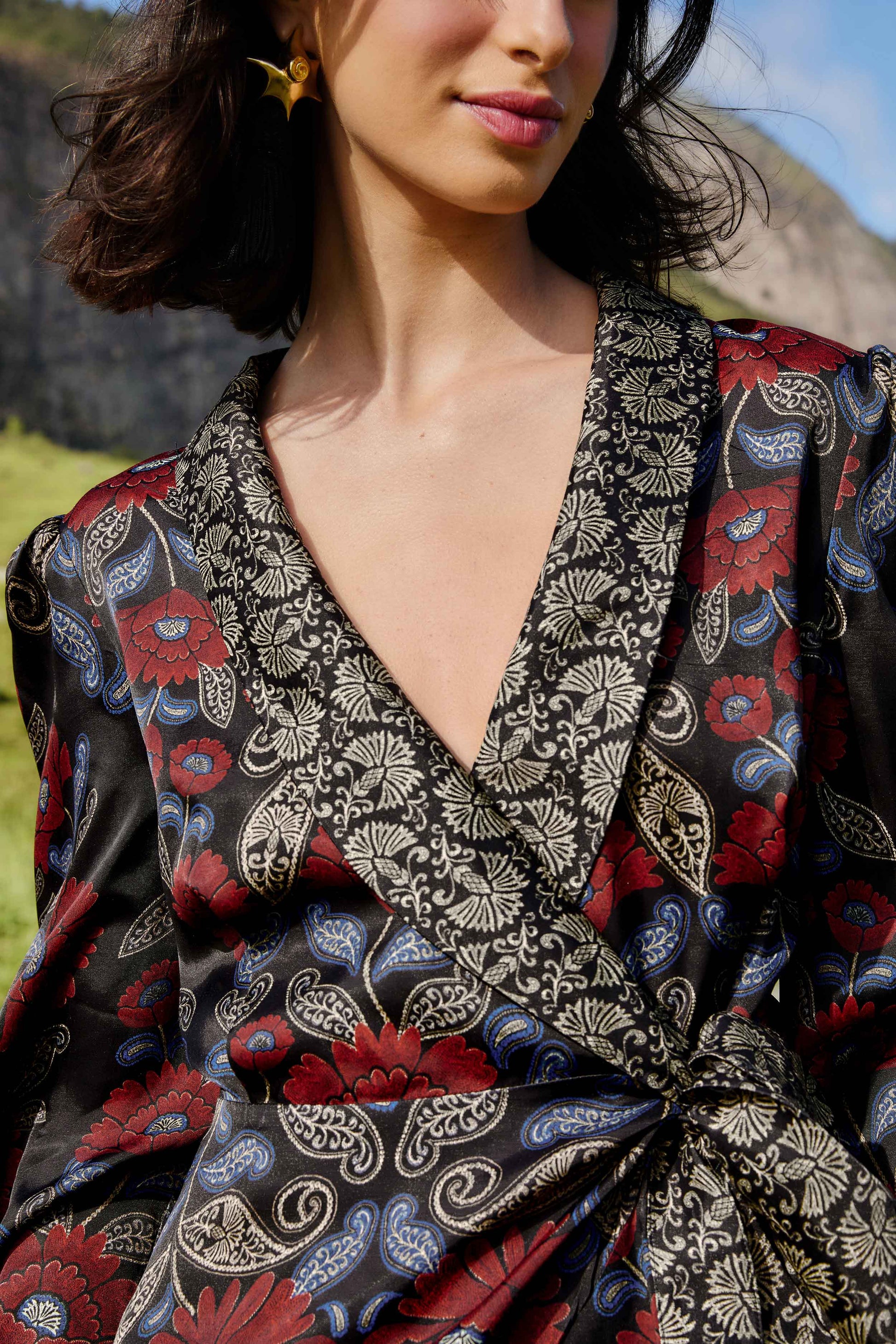 Farm Rio Black Valentina Wrap Lenzing™ Ecovero™ Viscose Mini Dress