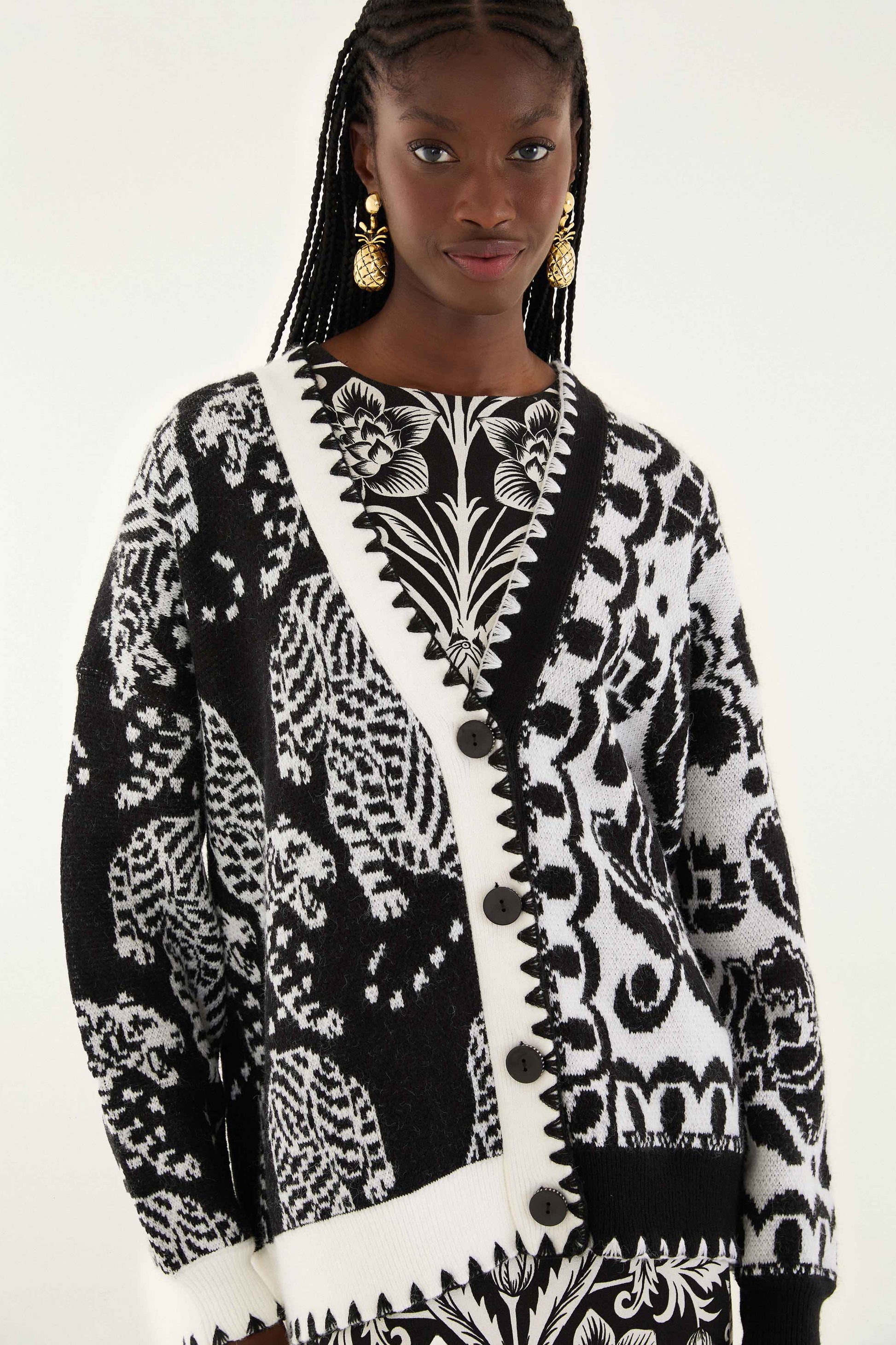 Farm Rio Black & White Mixed Striped Tigers Buttoned Knit Cardigan