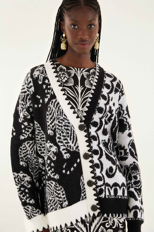 Farm Rio Black & White Mixed Striped Tigers Buttoned Knit Cardigan