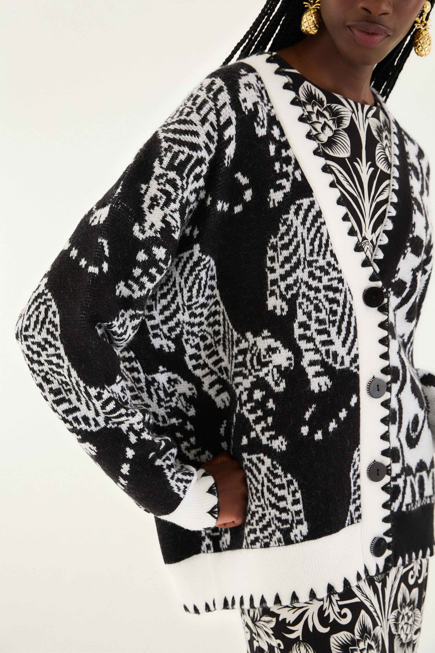 Farm Rio Black & White Mixed Striped Tigers Buttoned Knit Cardigan