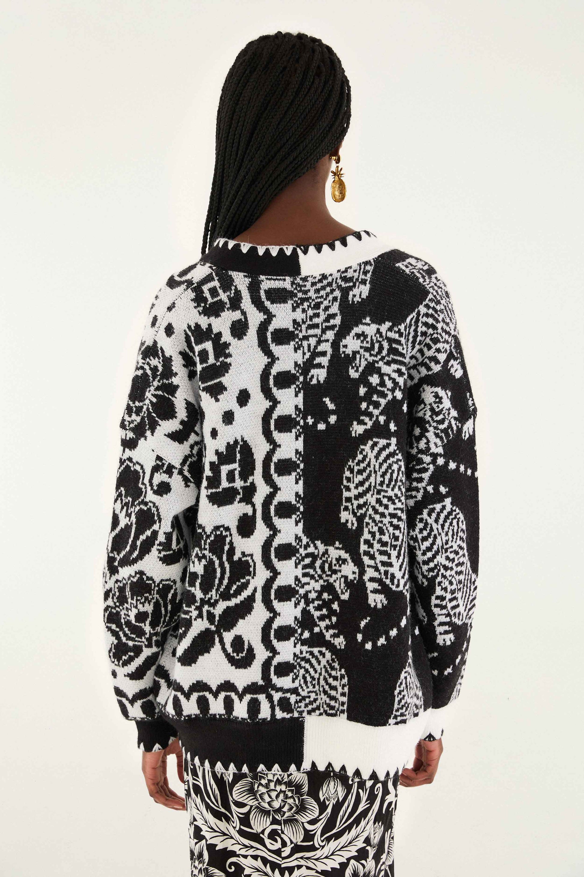 Farm Rio Black & White Mixed Striped Tigers Buttoned Knit Cardigan