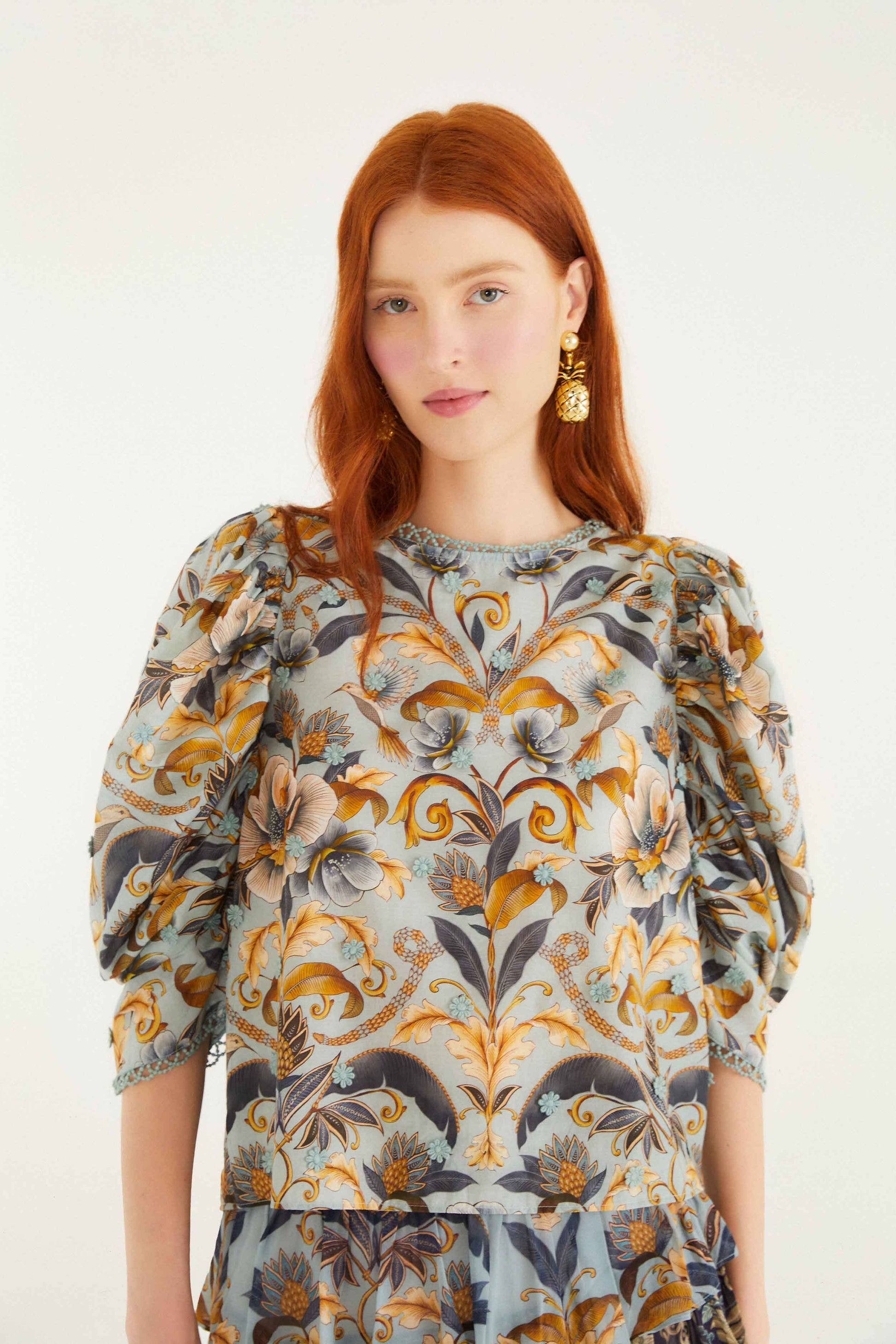 Farm Rio Blue Snake Garden 3d Applique Blouse