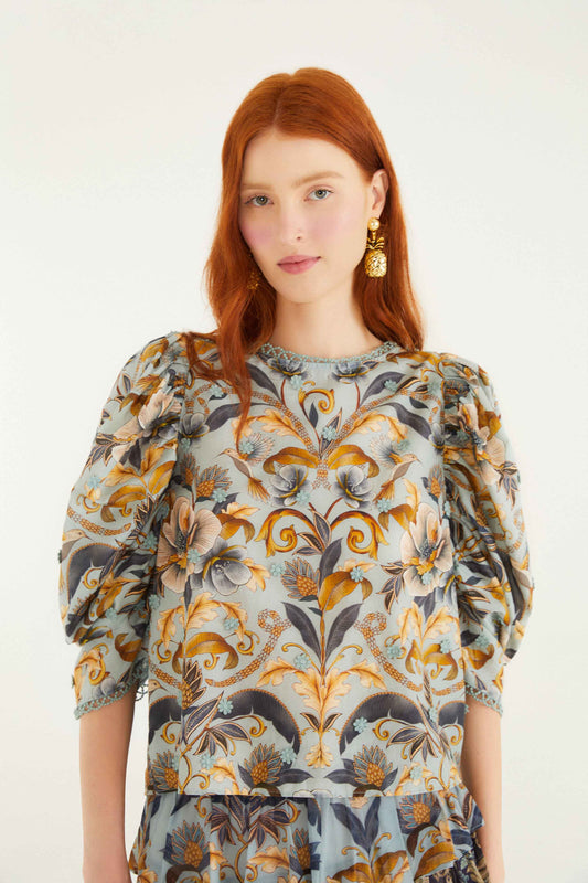 Farm Rio Blue Snake Garden 3d Applique Blouse