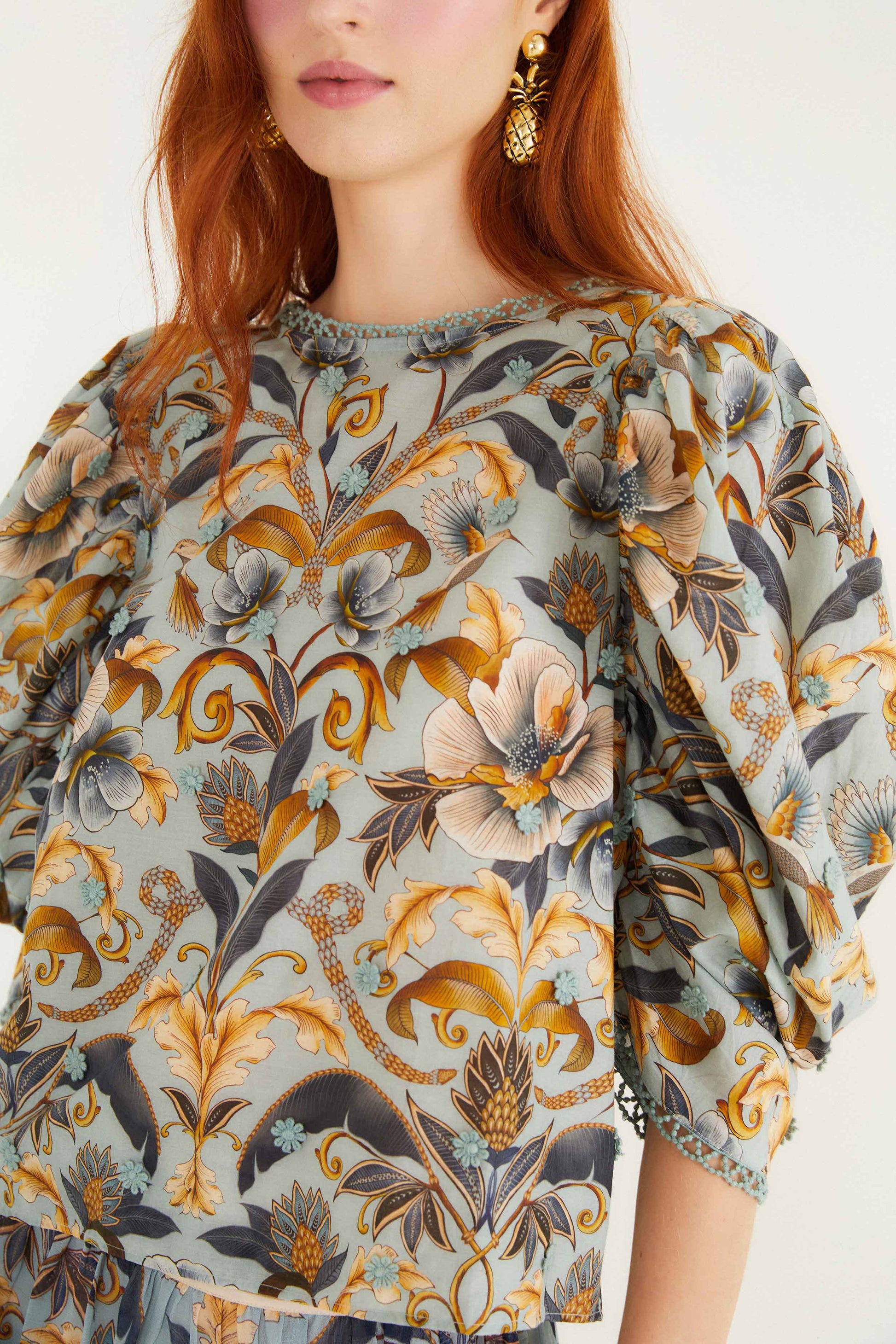 Farm Rio Blue Snake Garden 3d Applique Blouse