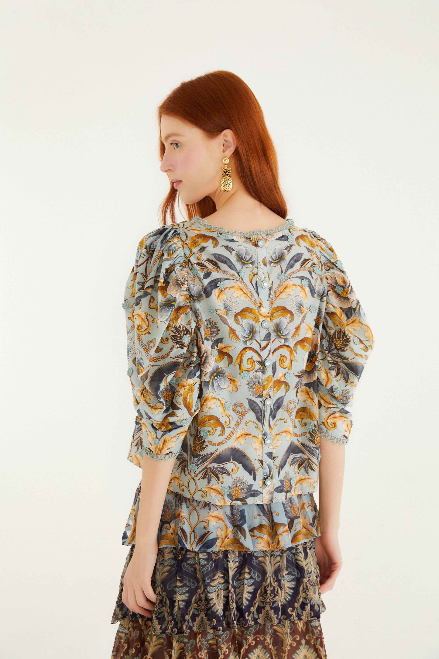 Farm Rio Blue Snake Garden 3d Applique Blouse