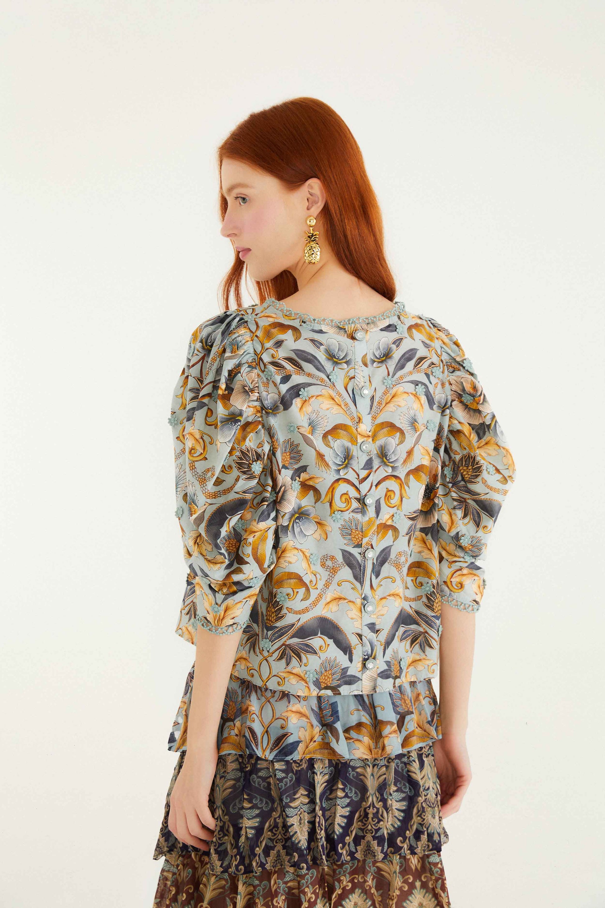 Farm Rio Blue Snake Garden 3d Applique Blouse