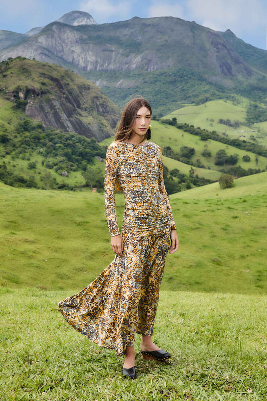 Farm Rio Blue Winter Tapestry Long Sleeve Maxi Dress