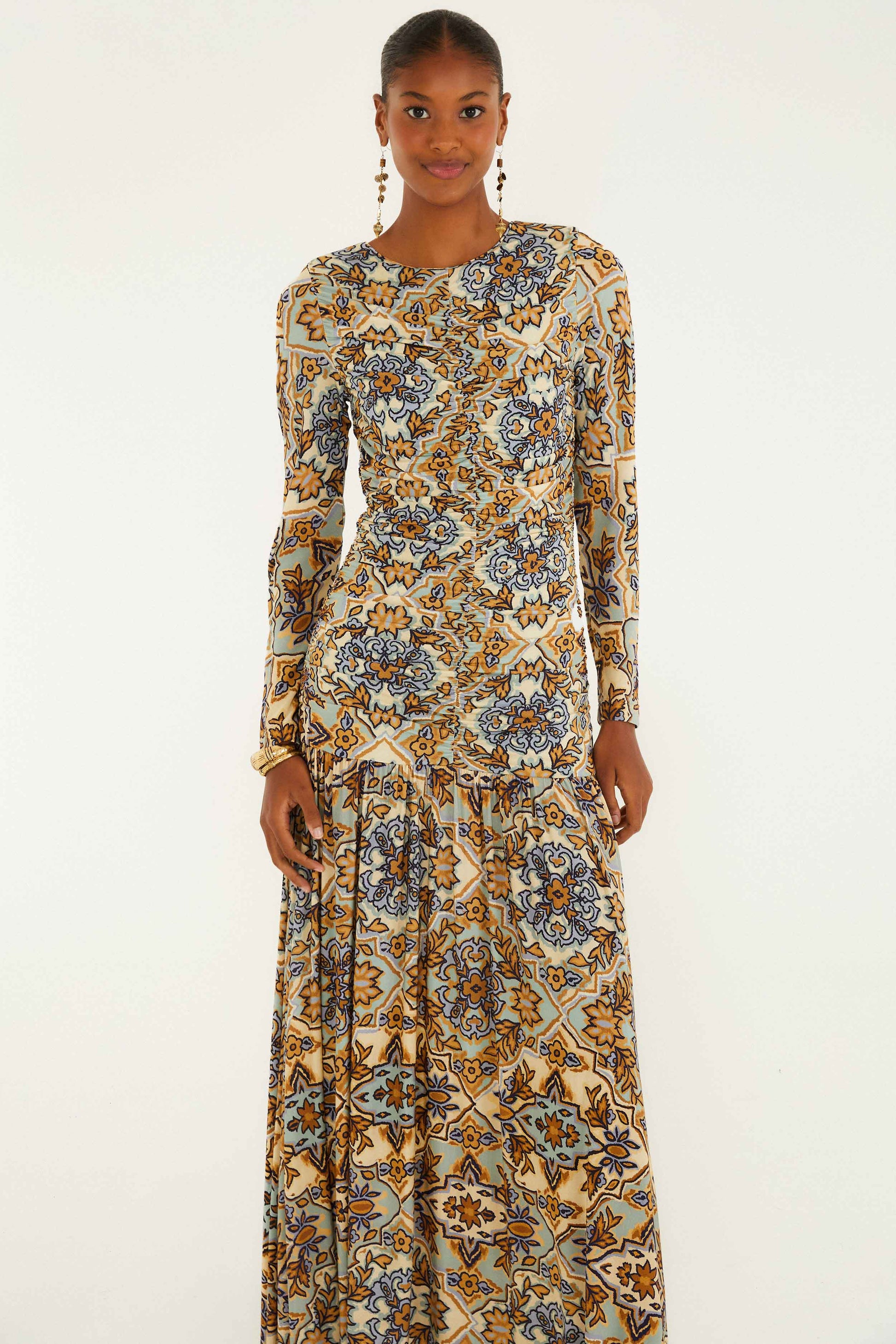 Farm Rio Blue Winter Tapestry Long Sleeve Maxi Dress