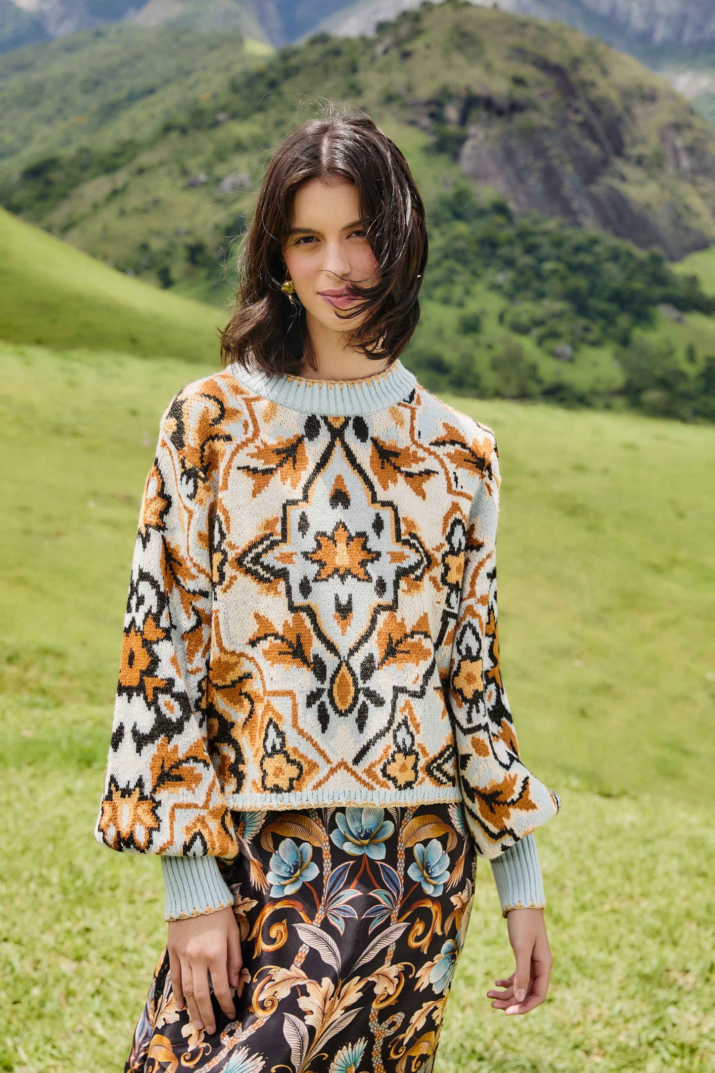 Farm Rio Blue Winter Tapestry Sweater