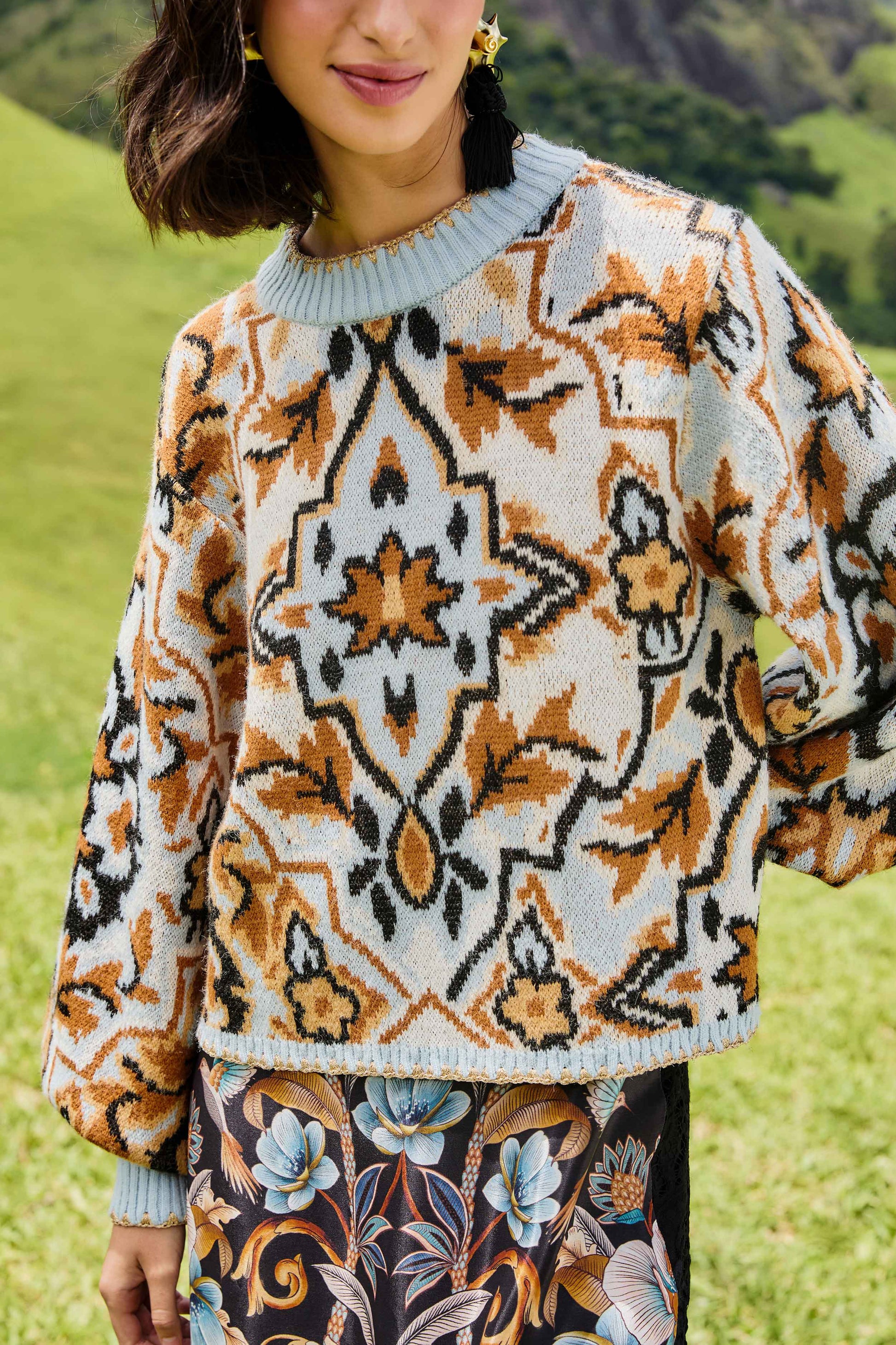 Farm Rio Blue Winter Tapestry Sweater