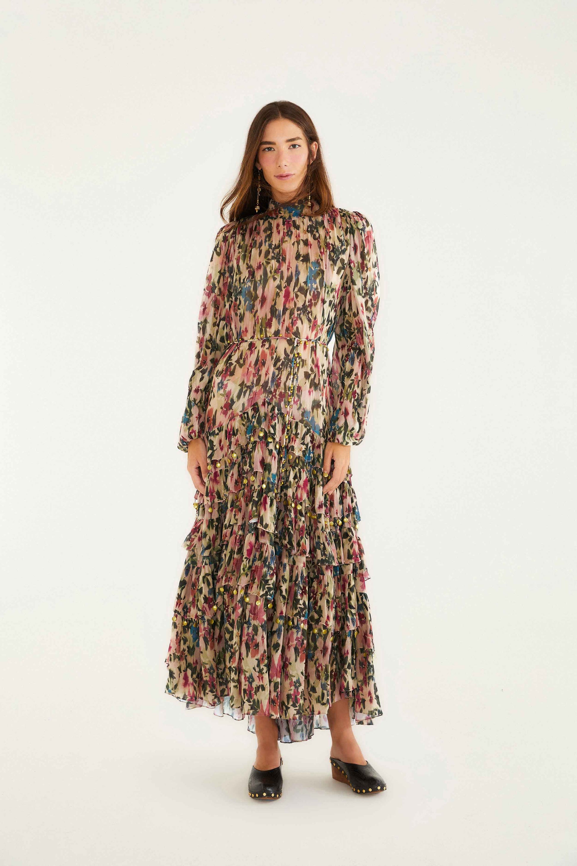 Farm Rio Pink Blurred Tiny Flowers Long Sleeve Maxi Dress