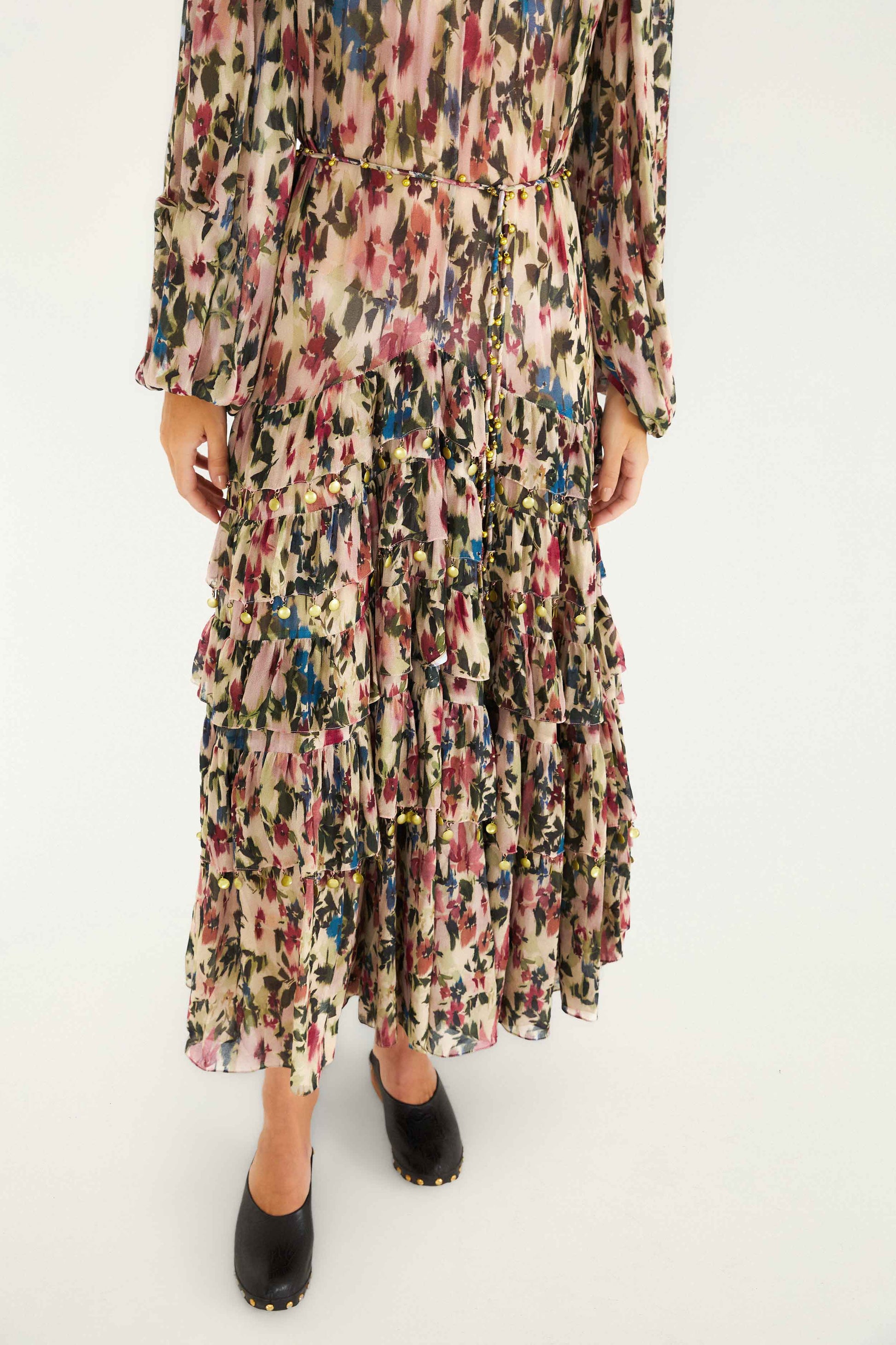 Farm Rio Pink Blurred Tiny Flowers Long Sleeve Maxi Dress
